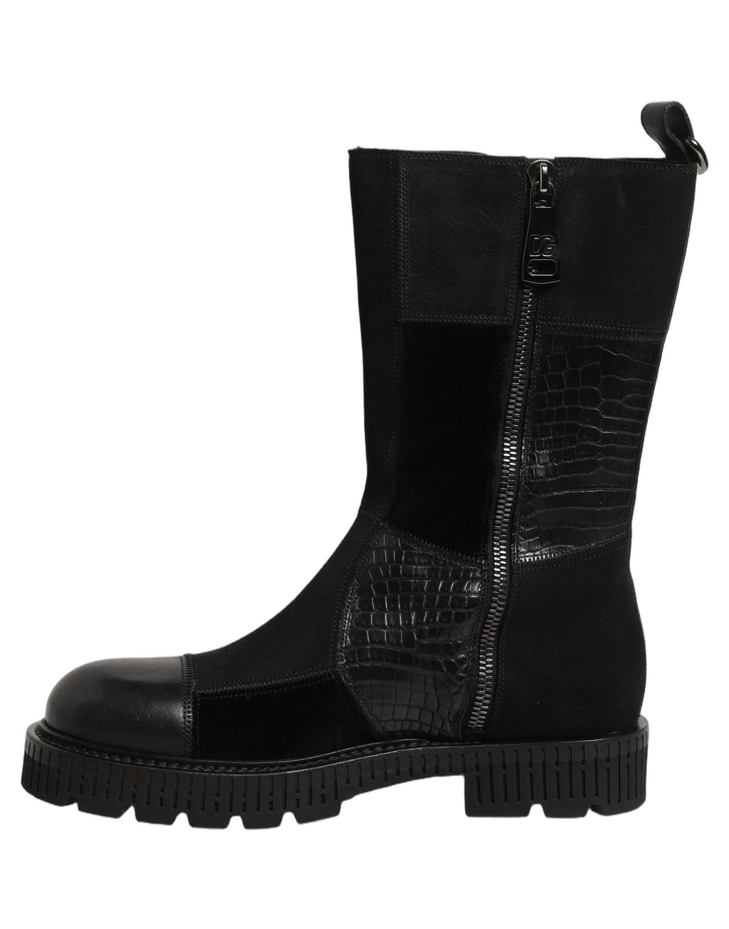 Bottes en cuir noir Dolce & Gabbana à patchwork mi-mollet, style élégant et moderne avec détails en cuir contrastant.