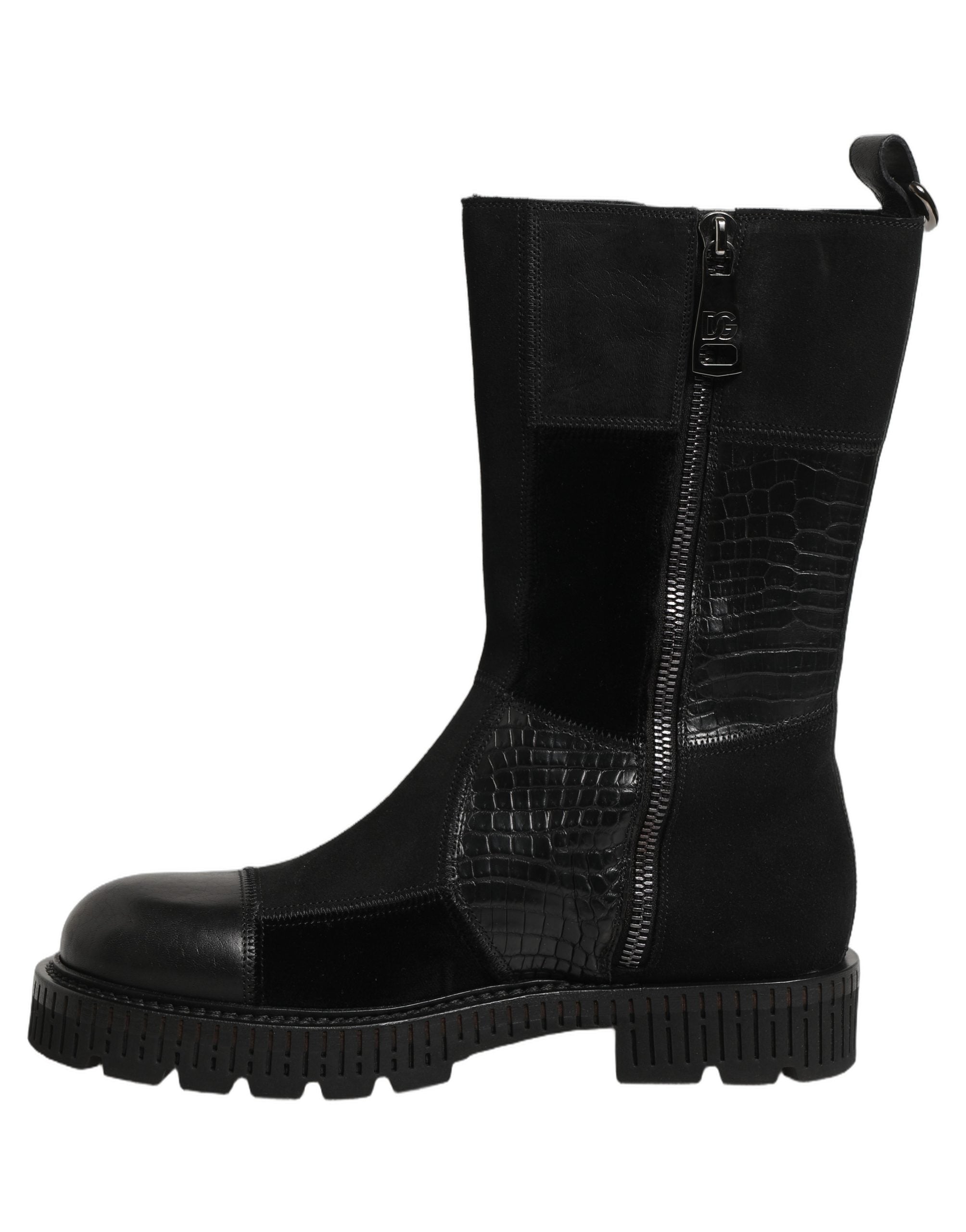 Bottes en cuir noir Dolce & Gabbana à patchwork mi-mollet, style élégant et moderne avec détails en cuir contrastant.