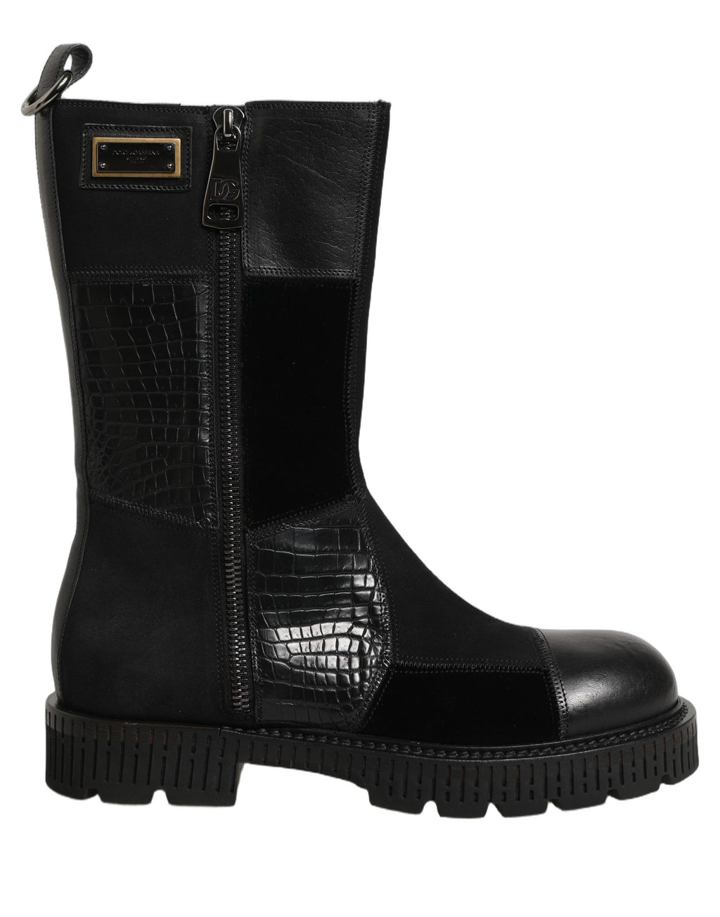 Chaussures bottines en cuir patché noir de Dolce & Gabbana, mi-mollet, avec design élégant et détails sophistiqués.