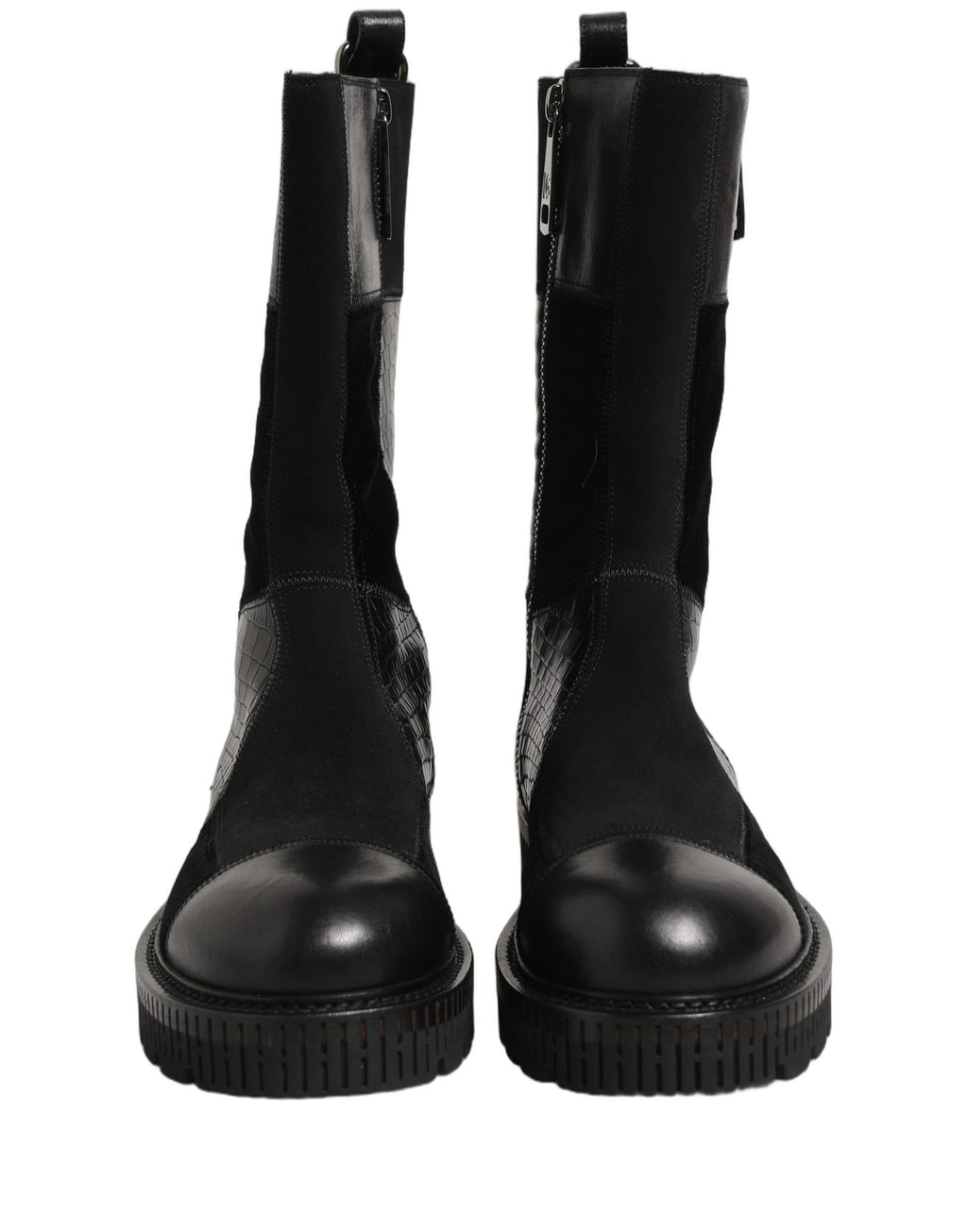 Bottes en cuir noir Dolce & Gabbana avec patchwork, mi-mollet, chaussures élégantes et tendance.