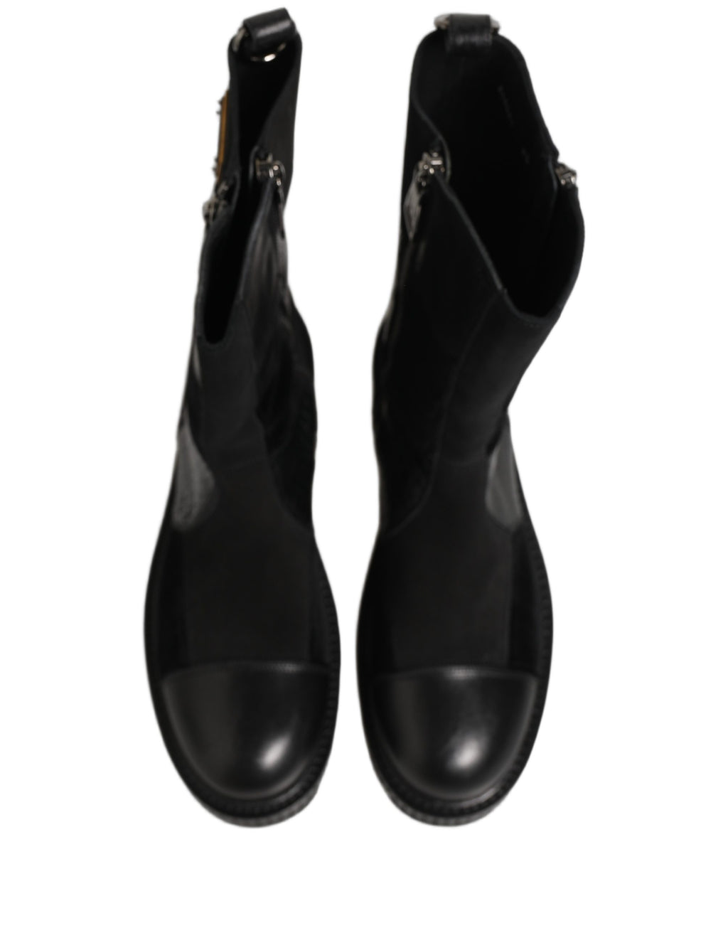 Bottes en cuir patchwork noir Dolce & Gabbana, mi-mollet, avec design élégant et détails de mode sophistiqués.