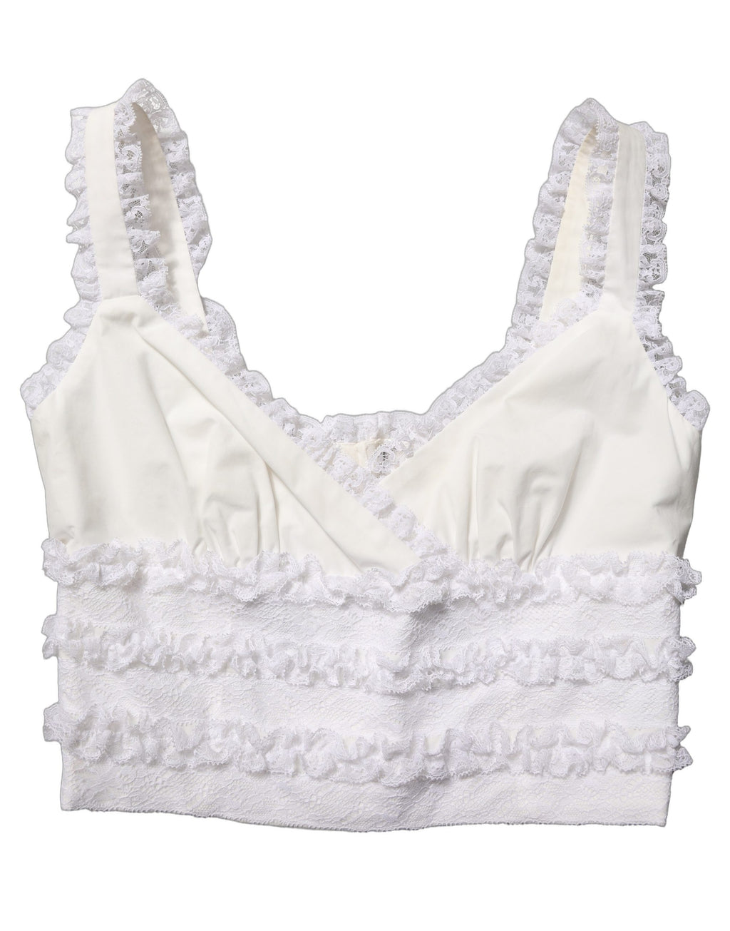Débardeur court en coton blanc avec bordure en dentelle, de la marque Dolce & Gabbana, vue de face.