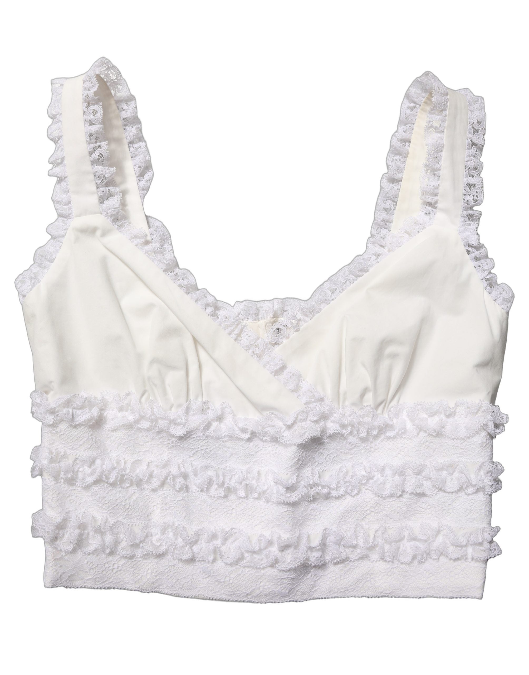 Débardeur court en coton blanc avec bordure en dentelle, de la marque Dolce & Gabbana, vue de face.