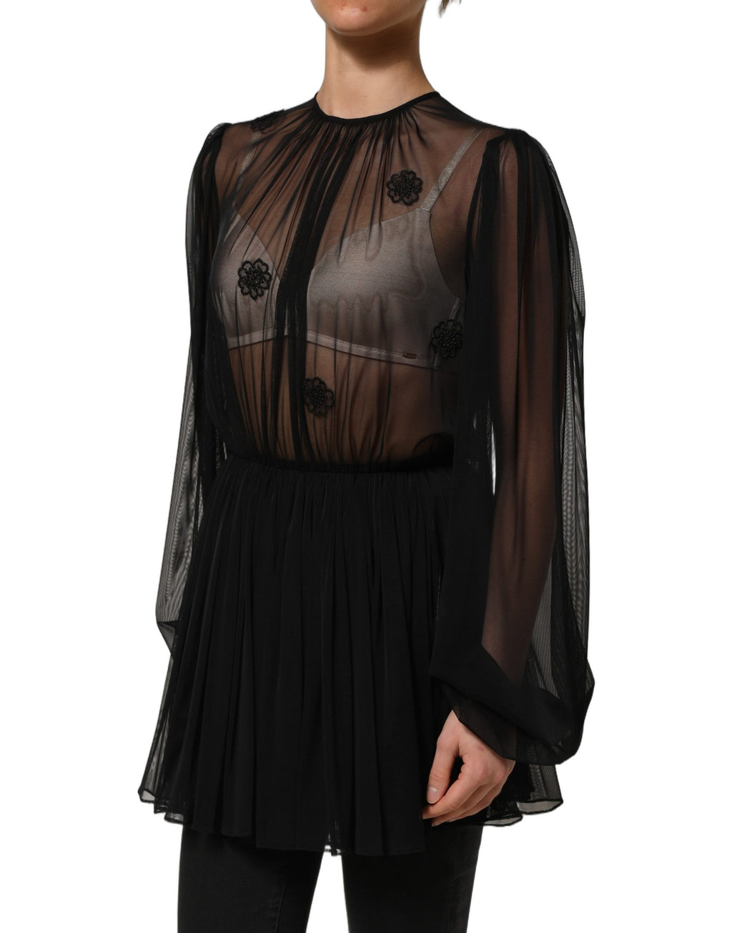 Blouse noire en polyester à maille transparente Dolce & Gabbana avec col ras du cou, vue de face.