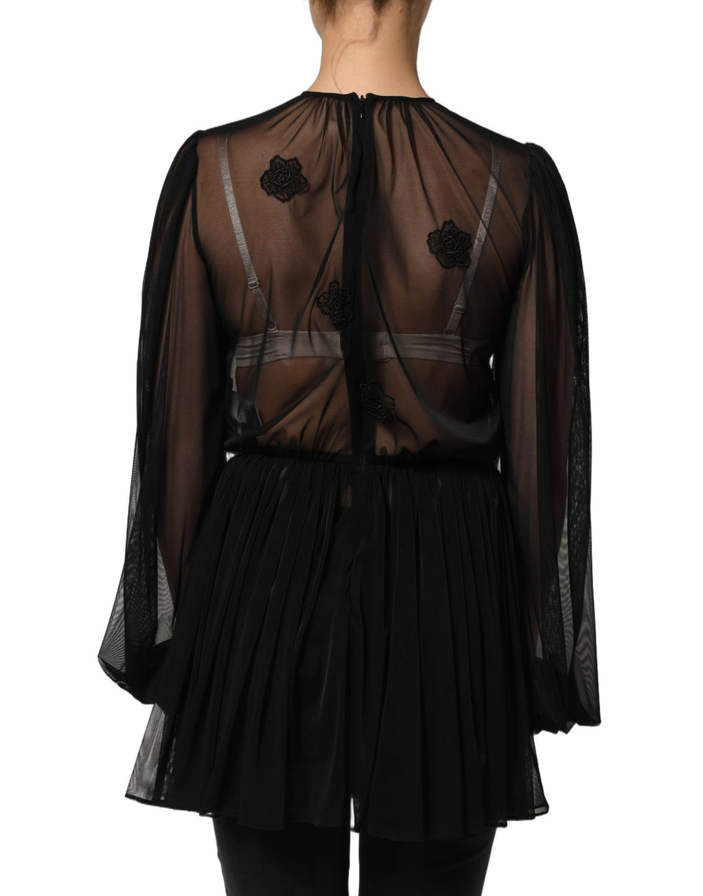 Chemise noire en polyester à maille transparente Dolce & Gabbana, col rond, style élégant et léger.