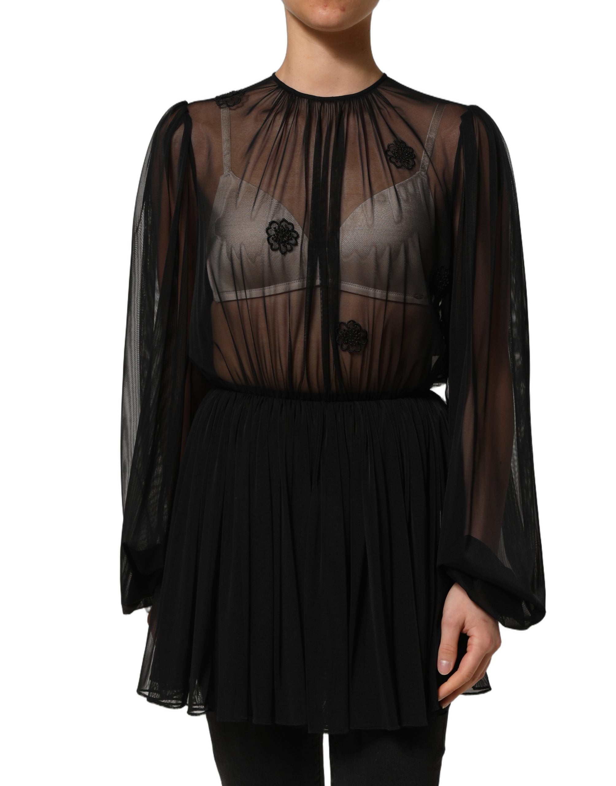Blouse transparente en polyester noir de Dolce & Gabbana, col rond et manches longues, vue de face.