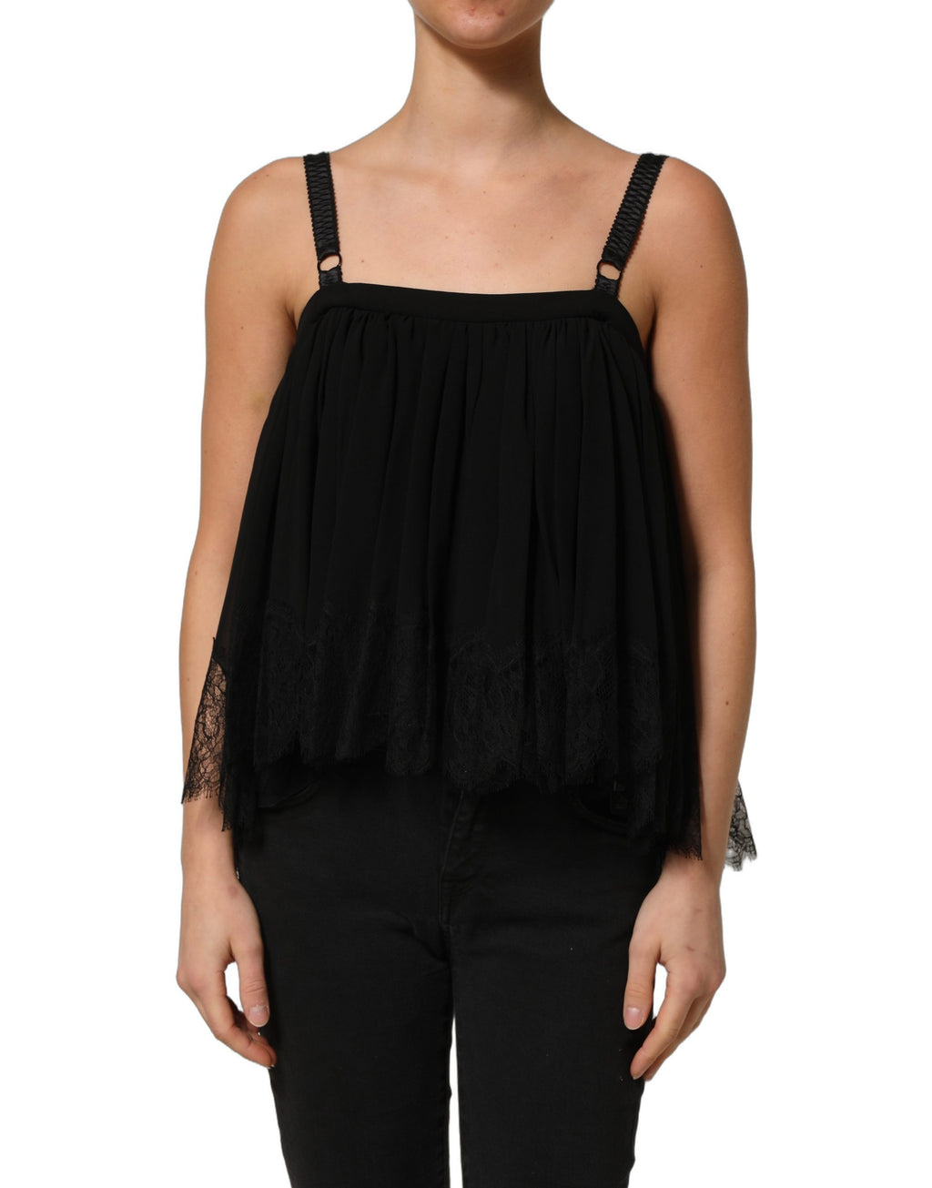 Débardeur noir sans manches Dolce & Gabbana en dentelle florale, détails délicats et design élégant visible sur l'image.