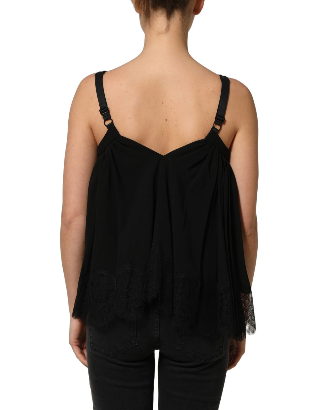 Haut sans manches Dolce & Gabbana, blouse en dentelle florale noire, vue de face.