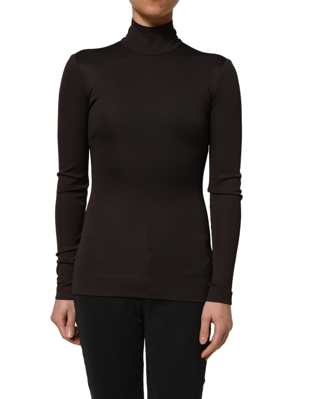 Blouse Dolce & Gabbana marron à col roulé à manches longues, tissu doux et élégant, vue de face.