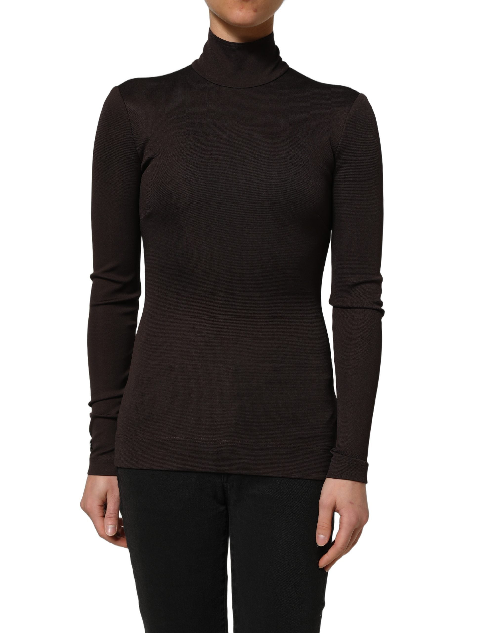 Blouse Dolce & Gabbana marron à col roulé à manches longues, tissu doux et élégant, vue de face.