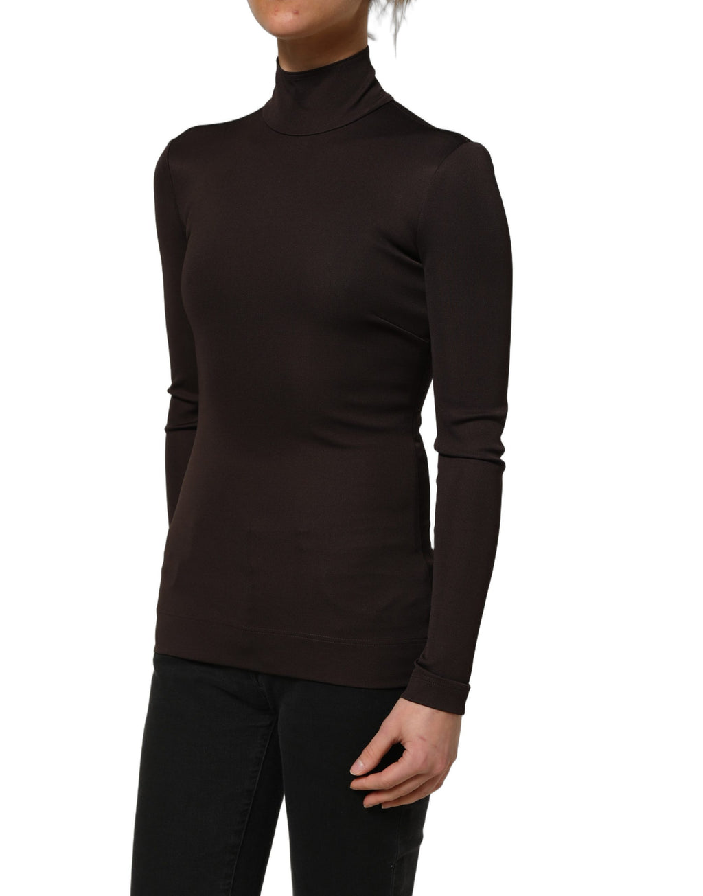 Blouse marron Dolce & Gabbana à col roulé et manches longues, style élégant et sophistiqué.