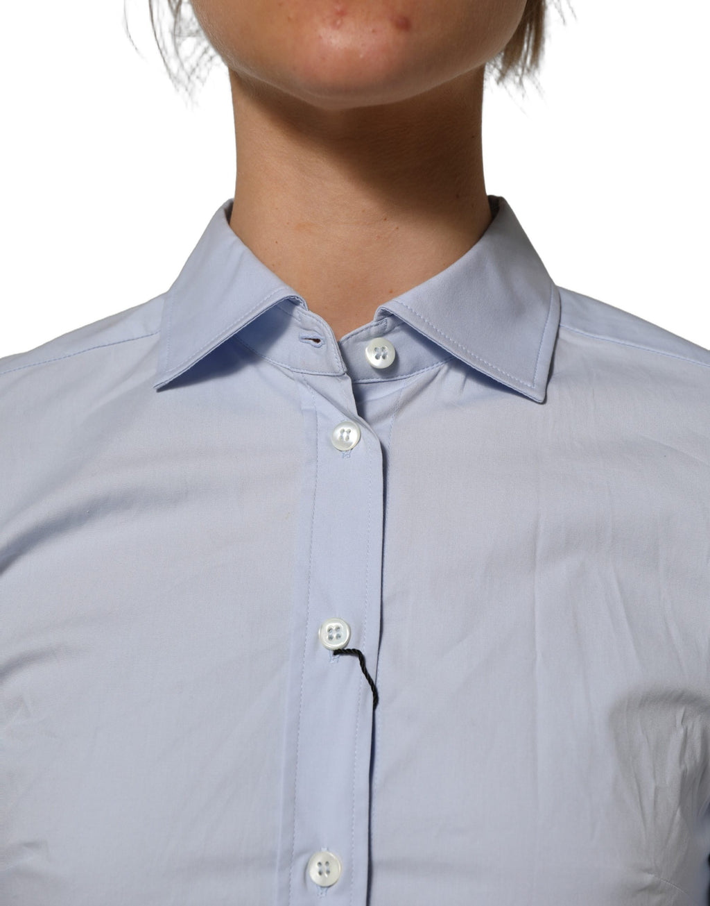 Chemise en coton à manches longues Dolce & Gabbana bleu avec col, vue de face, élégante et bien ajustée.