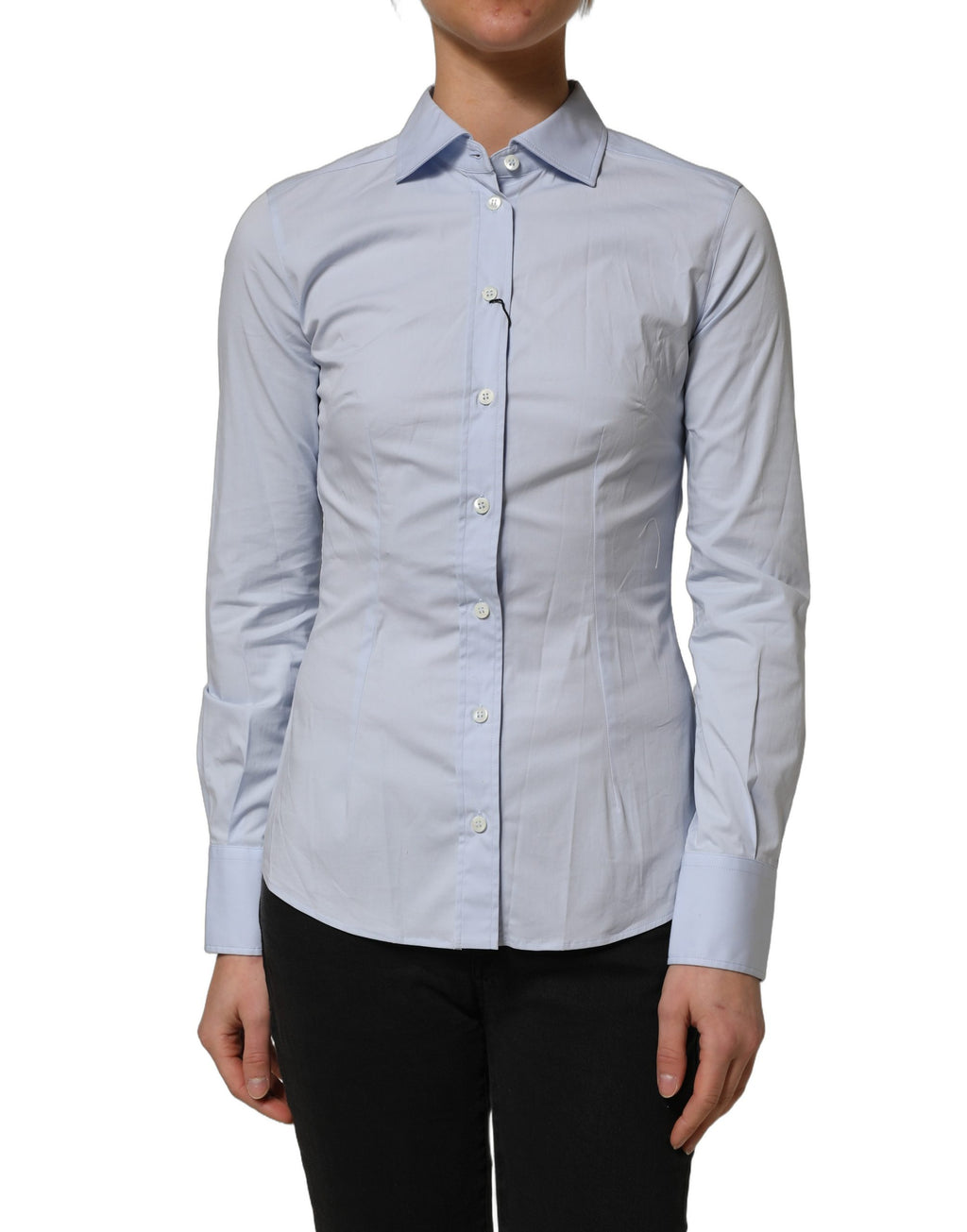 Chemise longue Dolce & Gabbana à col bleu, manches longues en coton avec détails élégants, vue de face.