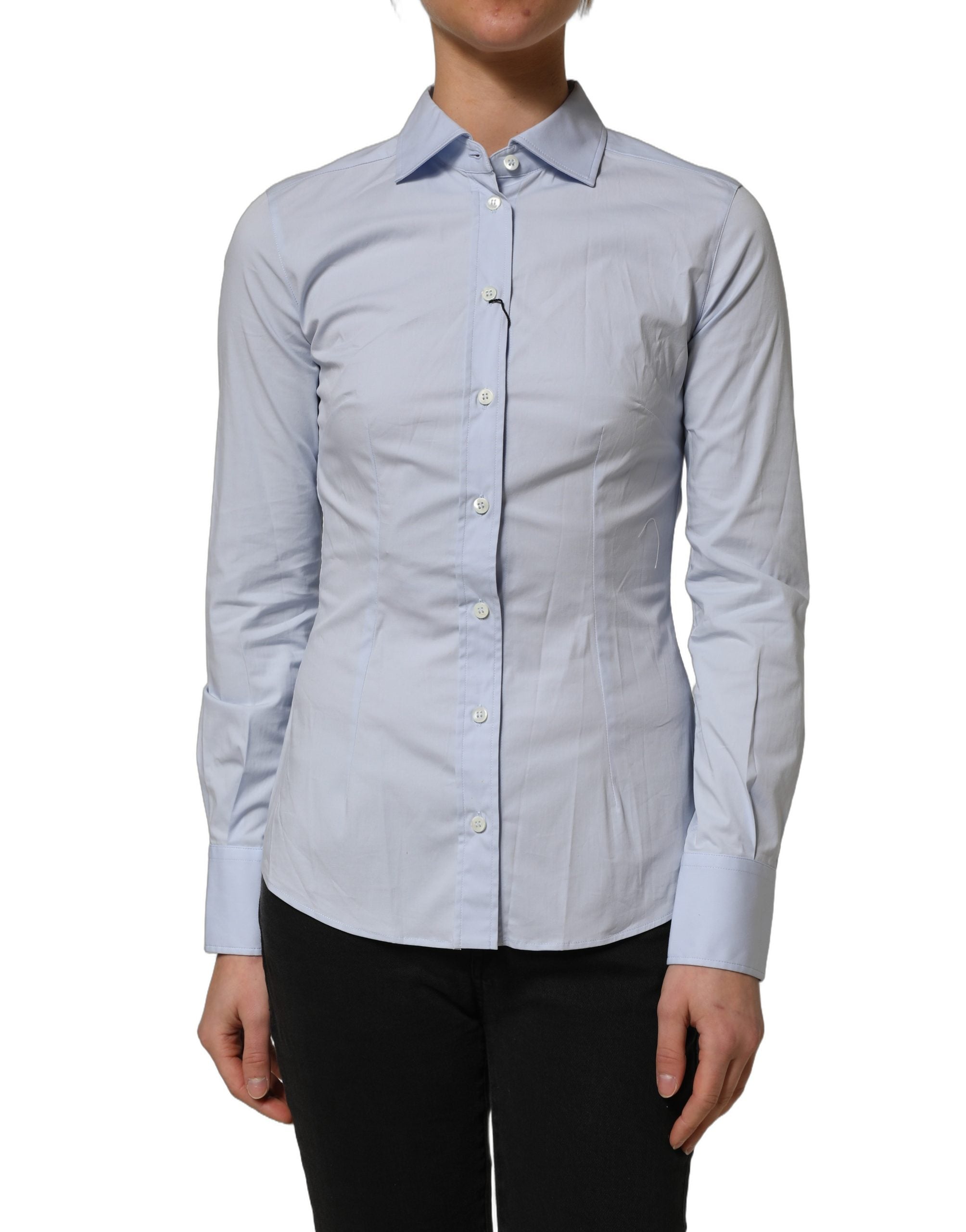 Chemise longue Dolce & Gabbana à col bleu, manches longues en coton avec détails élégants, vue de face.