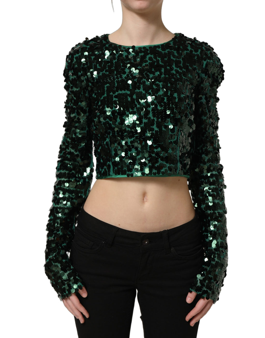 Blouse courte à manches longues Dolce & Gabbana vert avec sequins, style élégant, tissu brillant et détails sophistiqués.