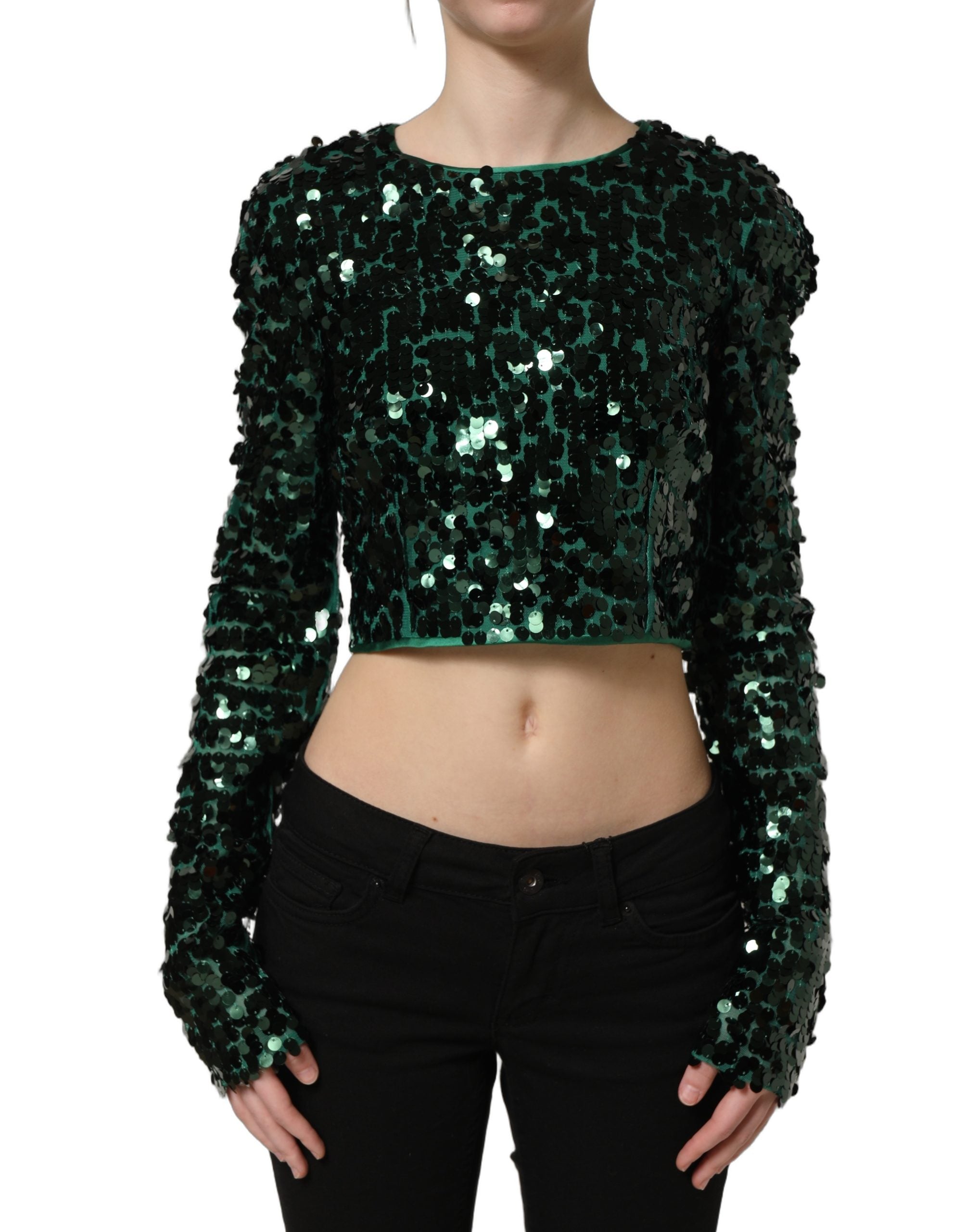 Blouse courte à manches longues Dolce & Gabbana vert avec sequins, style élégant, tissu brillant et détails sophistiqués.