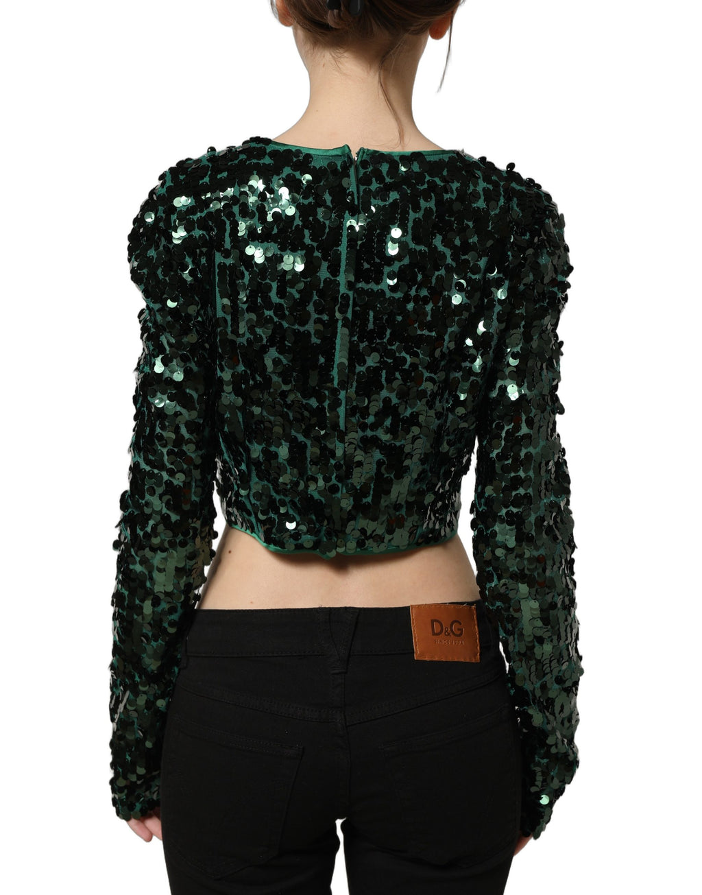 Chemisier court Dolce & Gabbana vert à manches longues et sequins, style élégant et brillant.