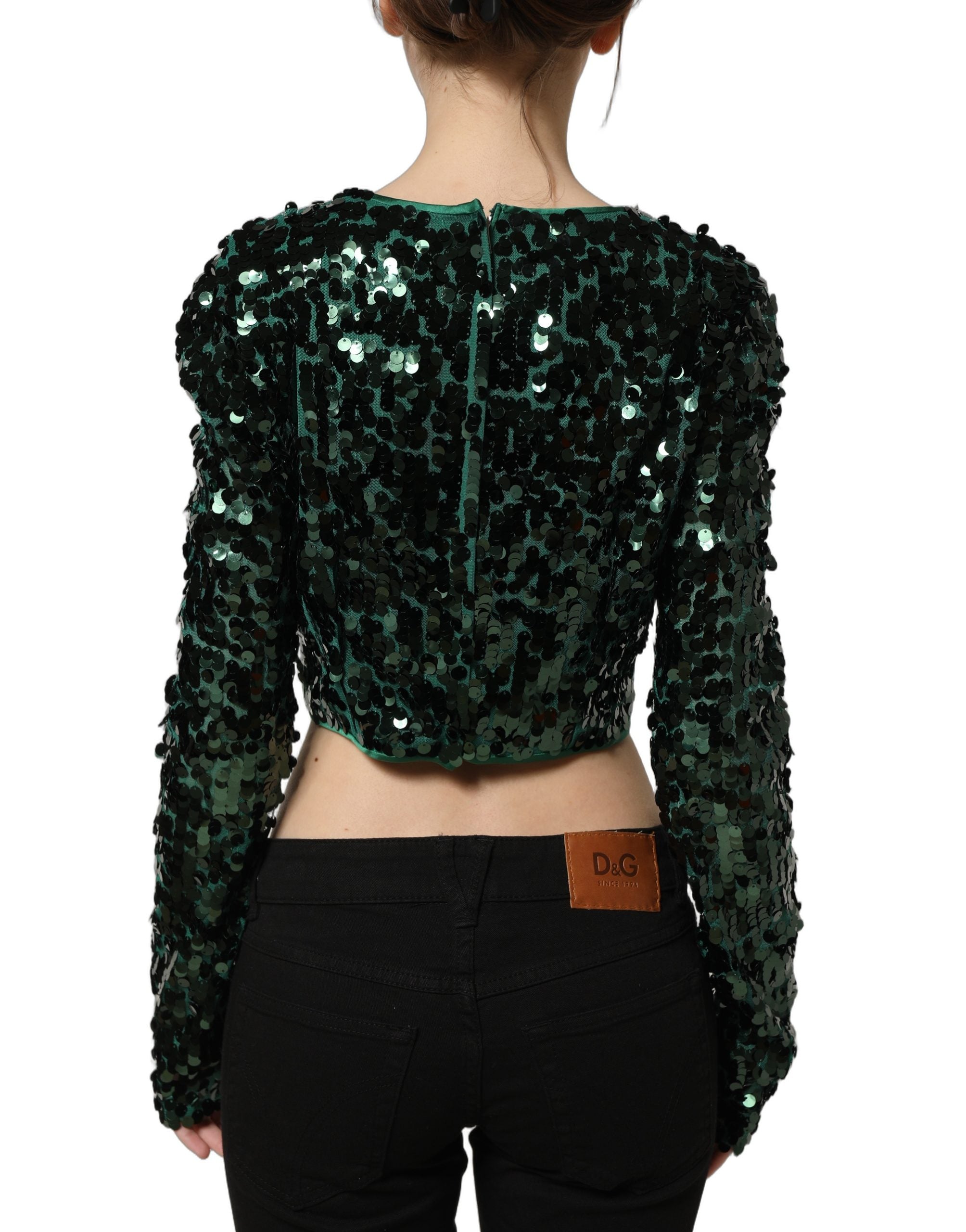 Chemisier court Dolce & Gabbana vert à manches longues et sequins, style élégant et brillant.