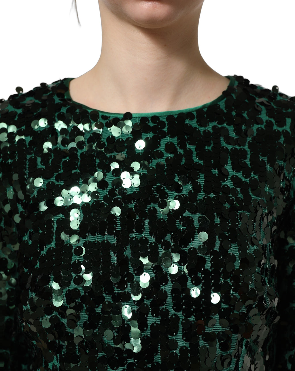 Blouse courte à manches longues Dolce & Gabbana vert avec sequins, style élégant et brillant, vue de face.