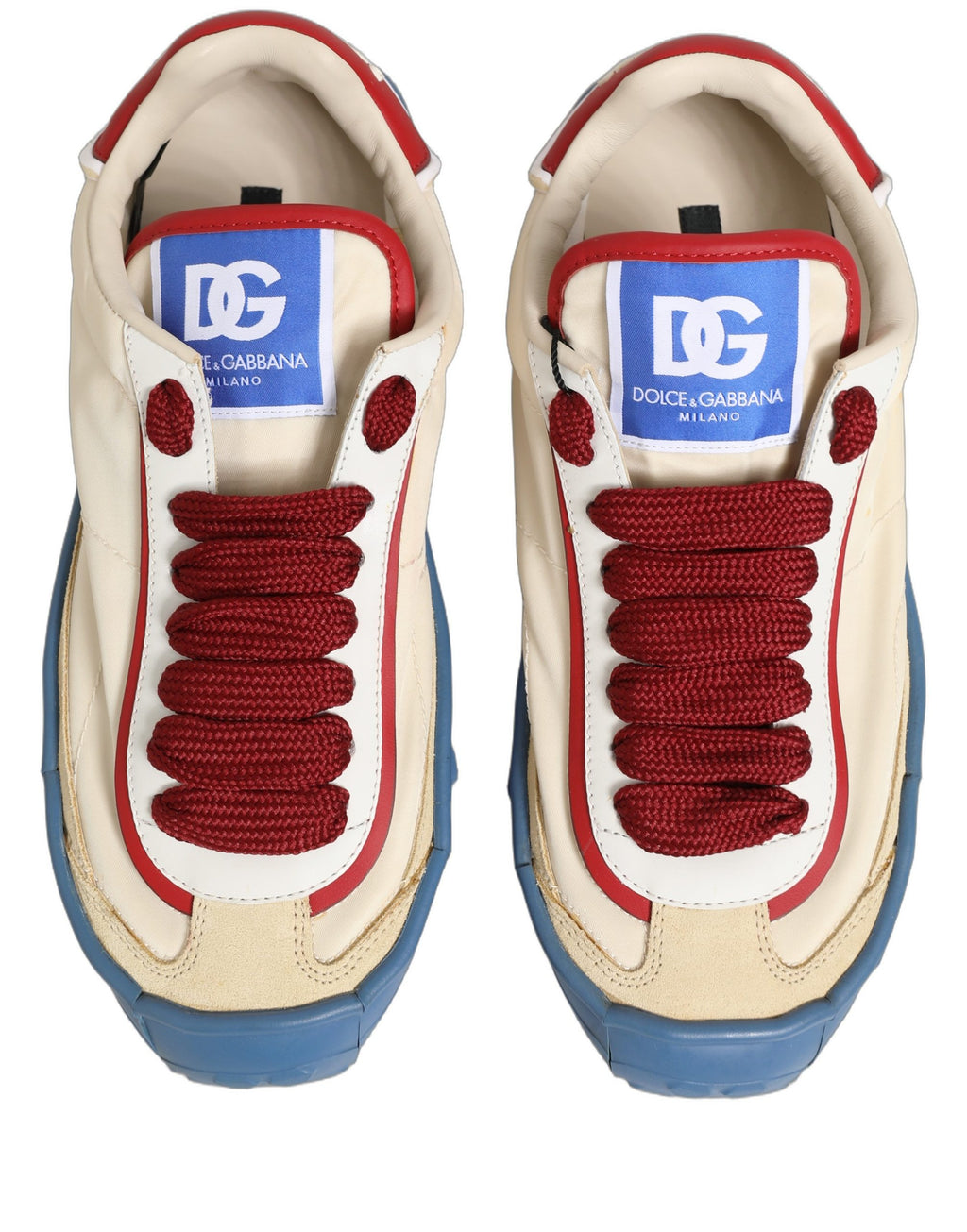 Chaussures sneakers Dolce & Gabbana Old Runner multicolores avec lacets, vue de face, mettant en valeur le design coloré et sportif.