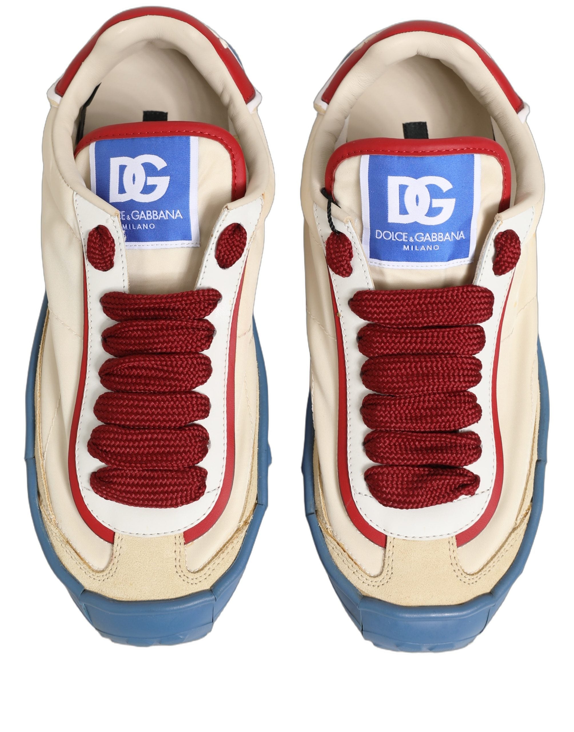 Chaussures sneakers Dolce & Gabbana Old Runner multicolores avec lacets, vue de face, mettant en valeur le design coloré et sportif.