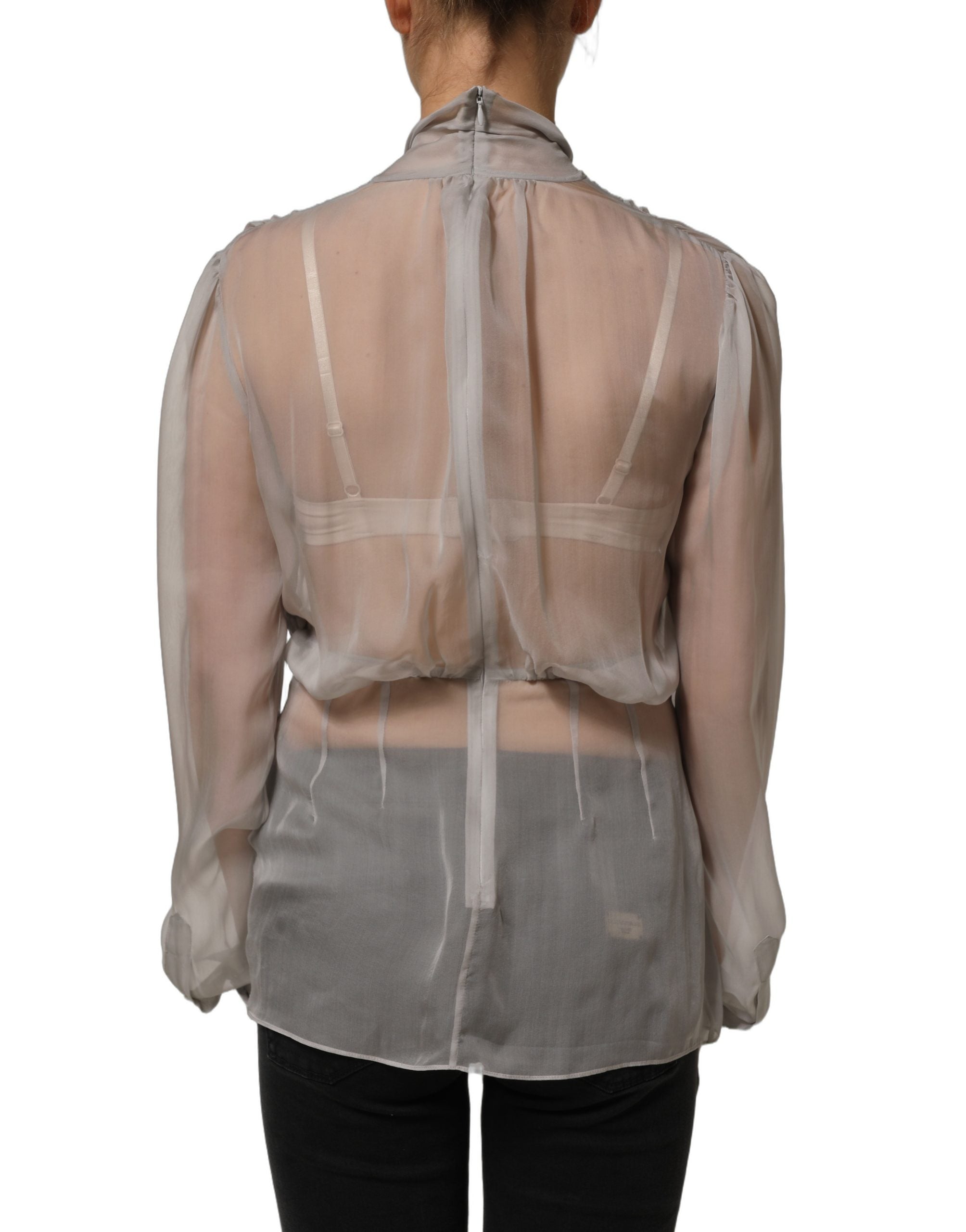 Chemise en soie chiffon gris Dolce & Gabbana avec col en nœud, style élégant et léger, vue de face.