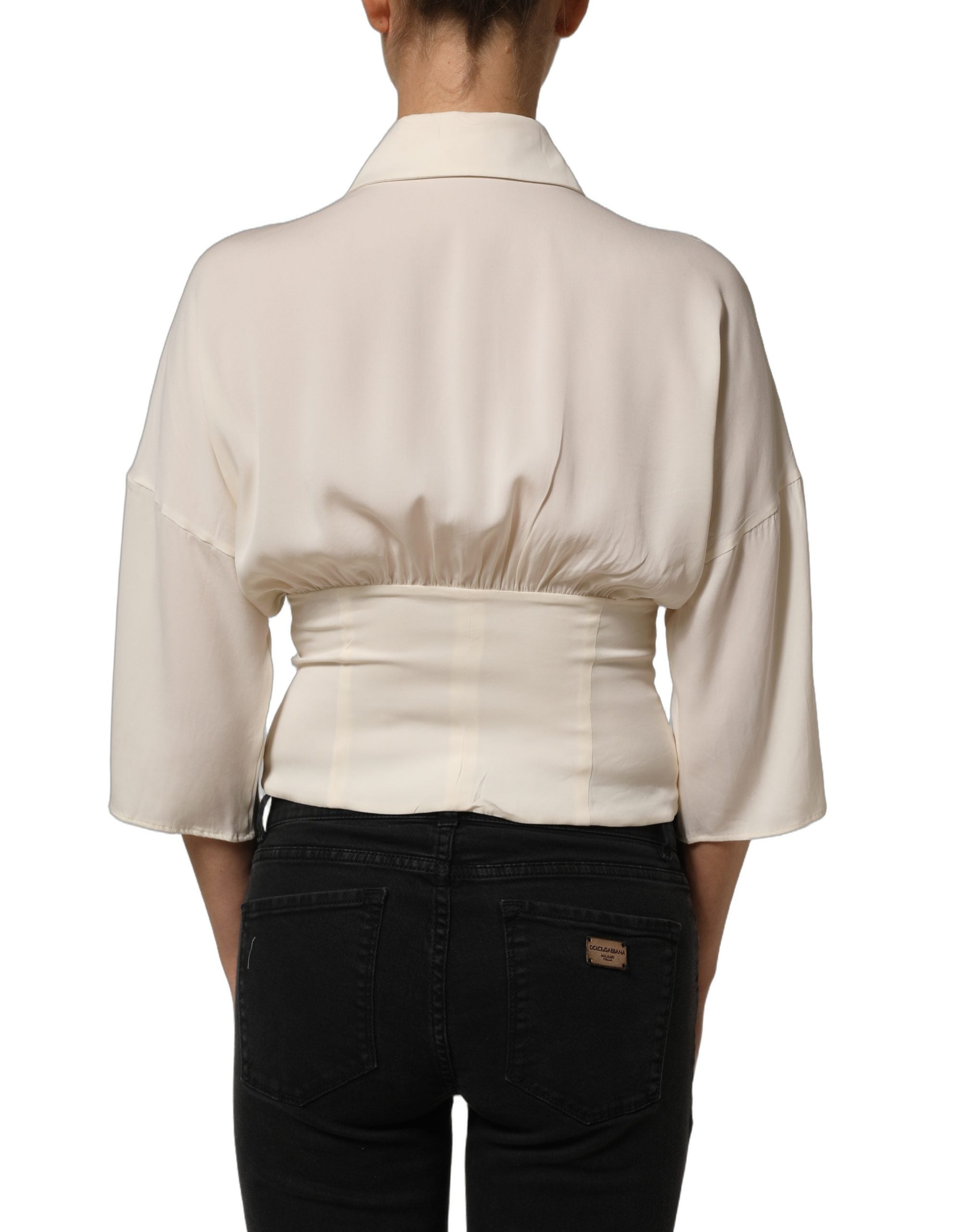 Dolce & Gabbana Off-White Ascot-Kragen Langarmbluse Top