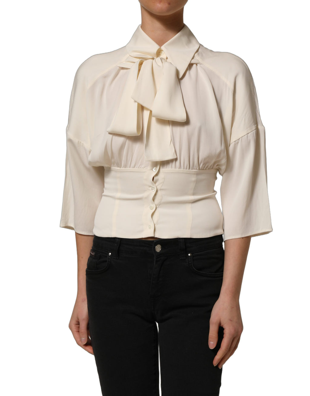 Dolce & Gabbana Off-White Ascot-Kragen Langarmbluse Top