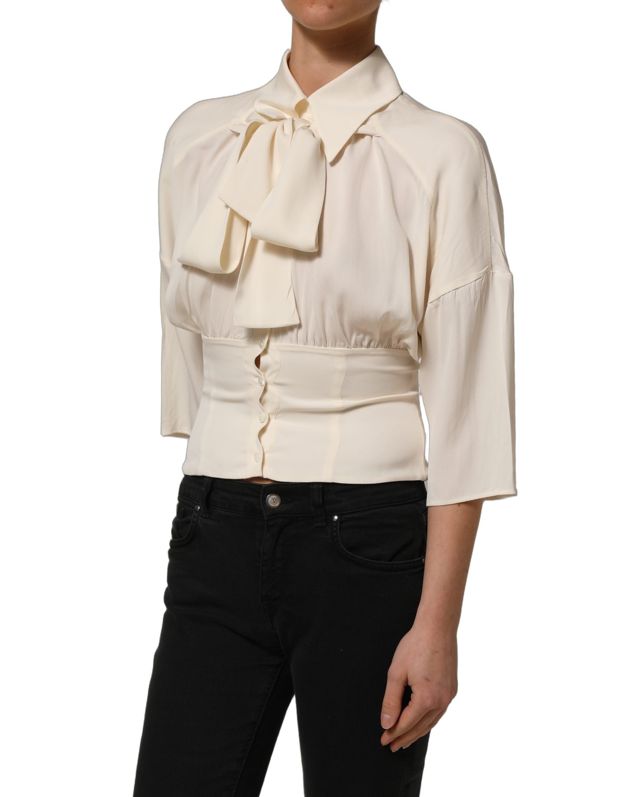 Dolce & Gabbana Off-White Ascot-Kragen Langarmbluse Top