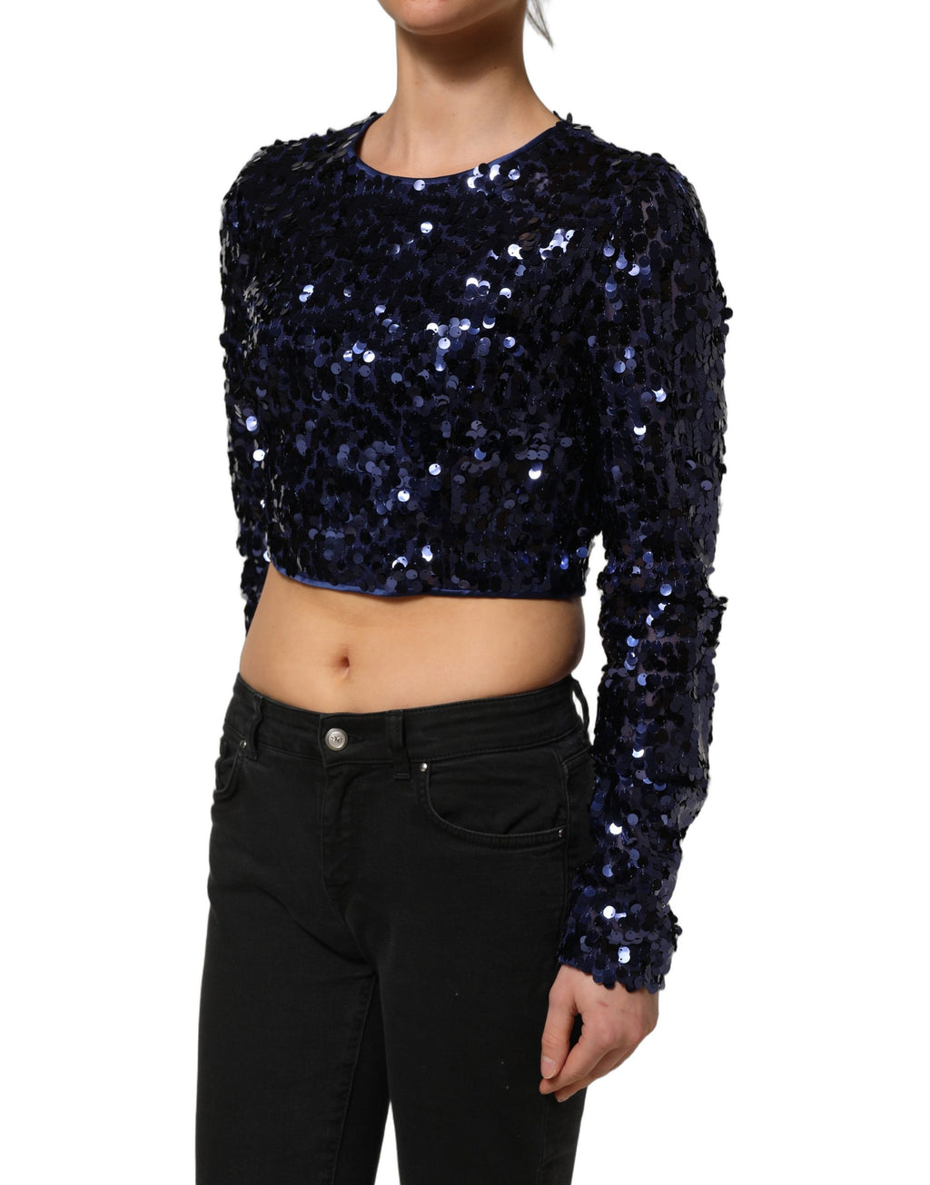 Haut court en sequins bleus avec manches longues de Dolce & Gabbana, blouse élégante et brillante.