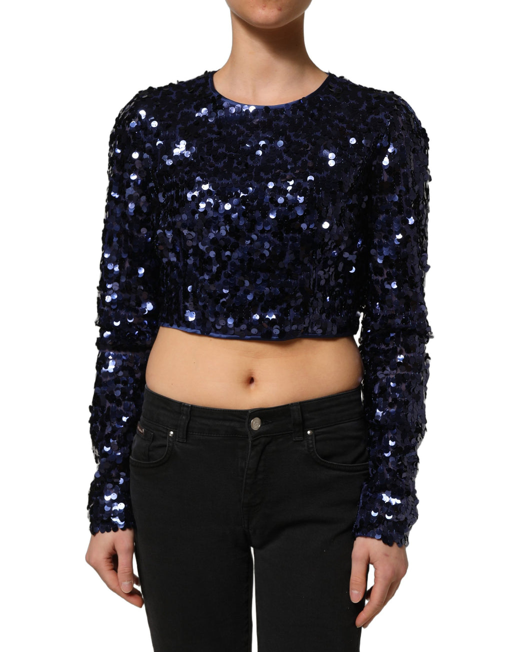 Chemise courte Dolce & Gabbana bleu à sequins, manches longues, top élégant en tissu brillant.