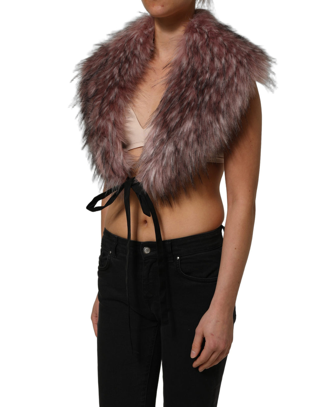 Gilet court en tricot et fausse fourrure rose en acrylique de Dolce & Gabbana, détail élégant et texture douce.