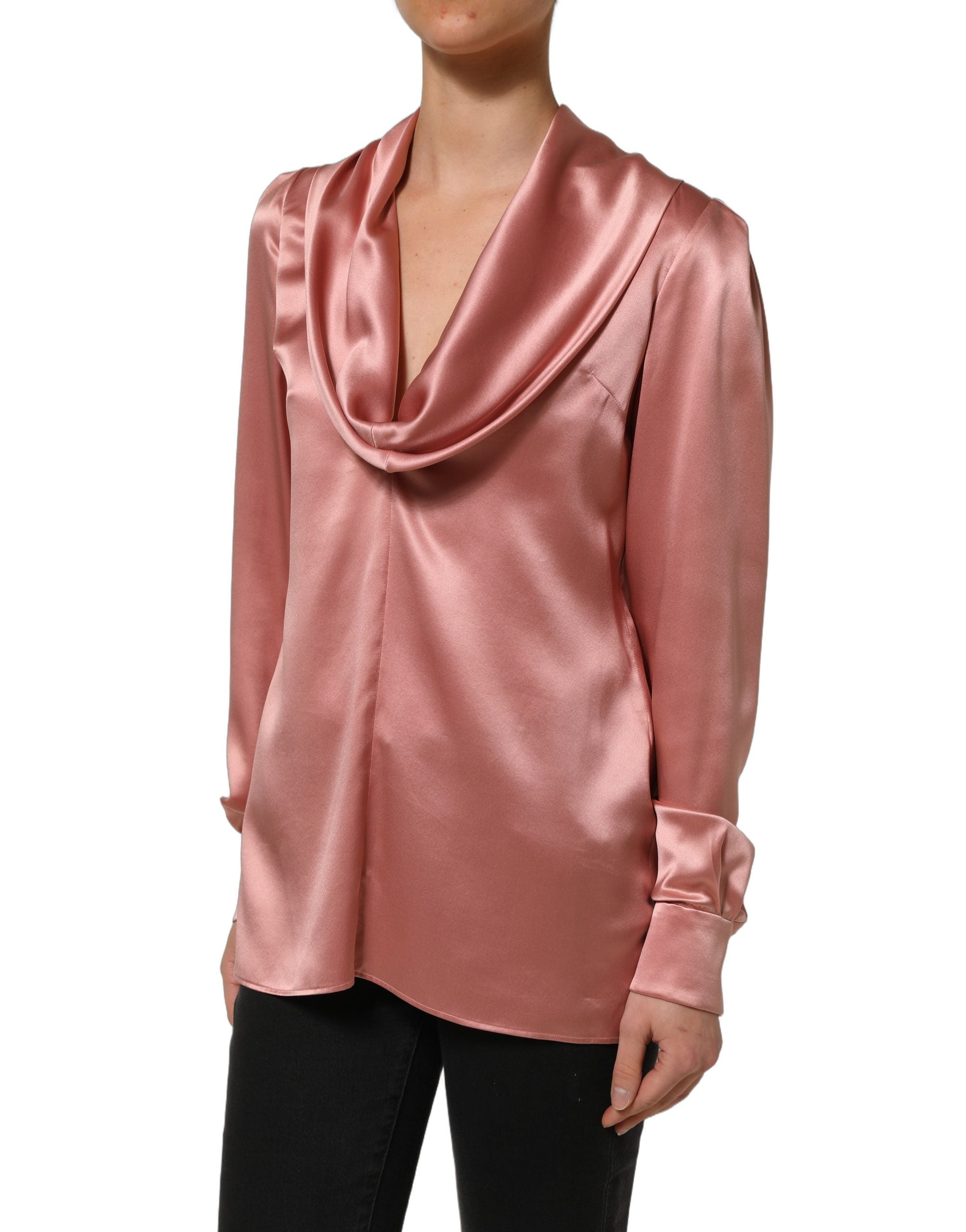Chemise en satin rose Dolce & Gabbana à manches longues et col en V, élégante et sophistiquée.