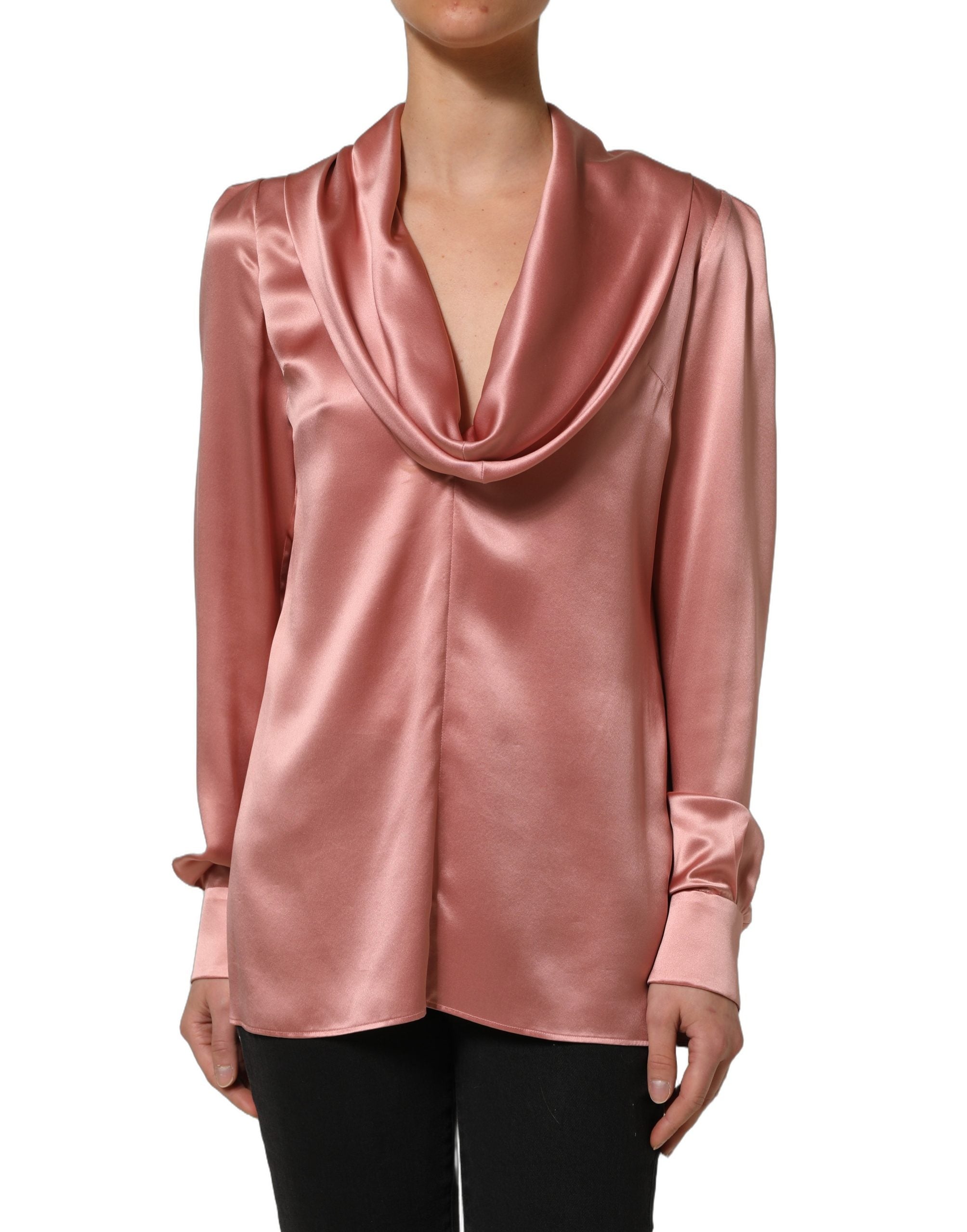 Blouse en satin rose Dolce & Gabbana avec col en V et manches longues, élégance sophistiquée en silk.