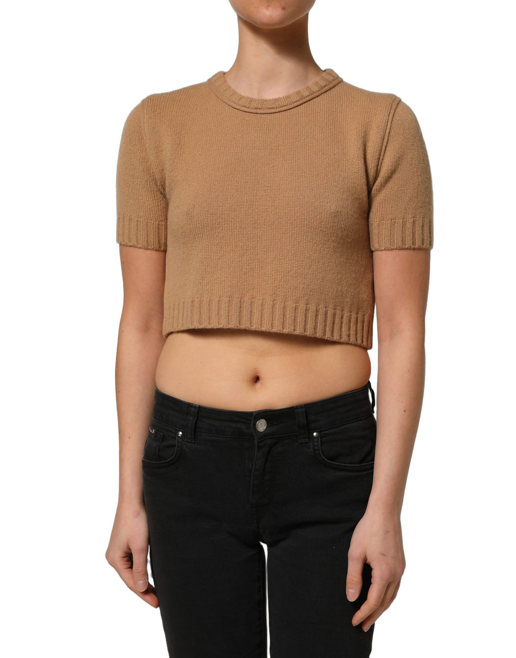 Blouse courte en laine marron Dolce & Gabbana avec manches courtes et coupe crop, élégante et tendance.