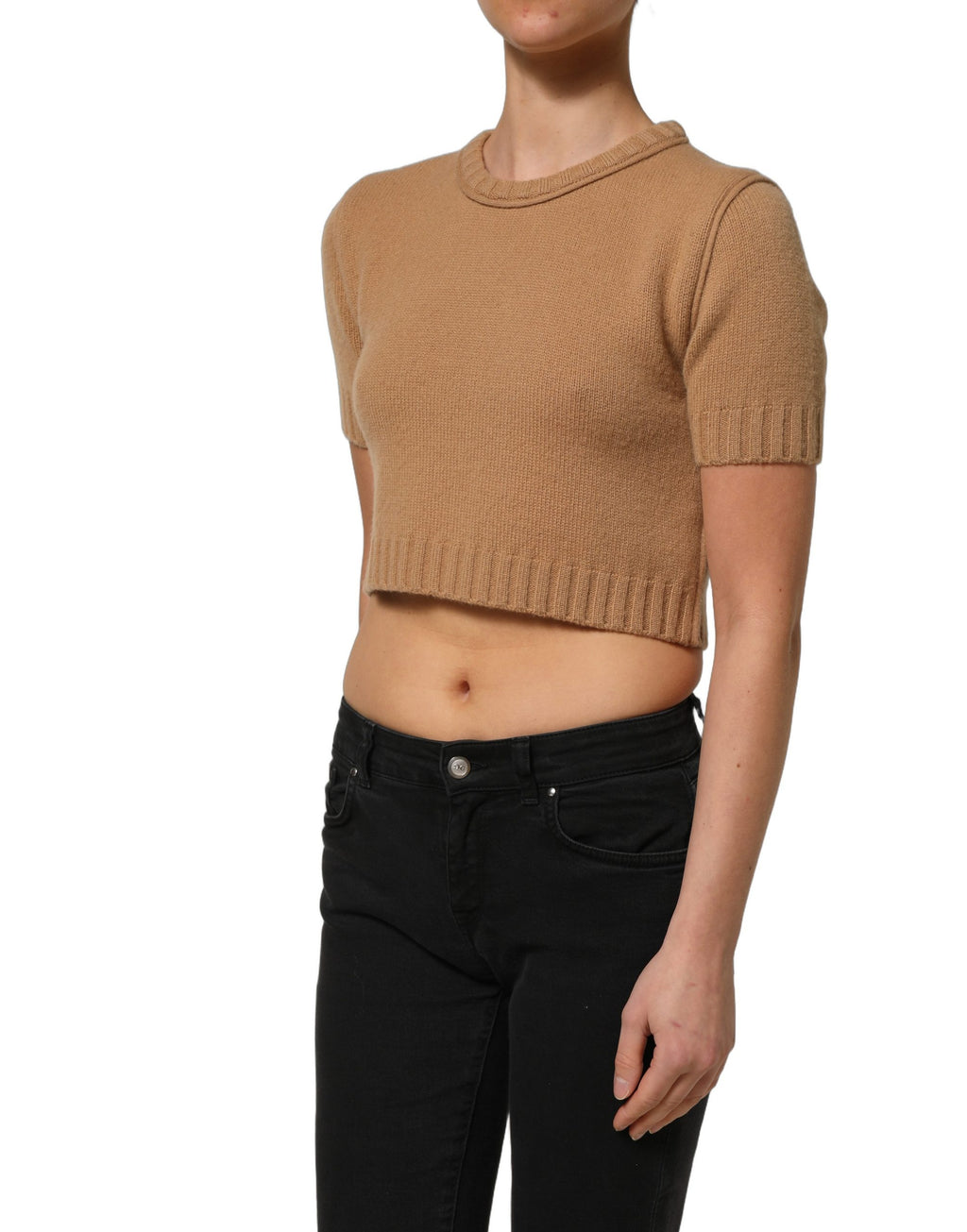 Blouse courte en laine marron de Dolce & Gabbana avec manches courtes et coupe cropped, vue de face.