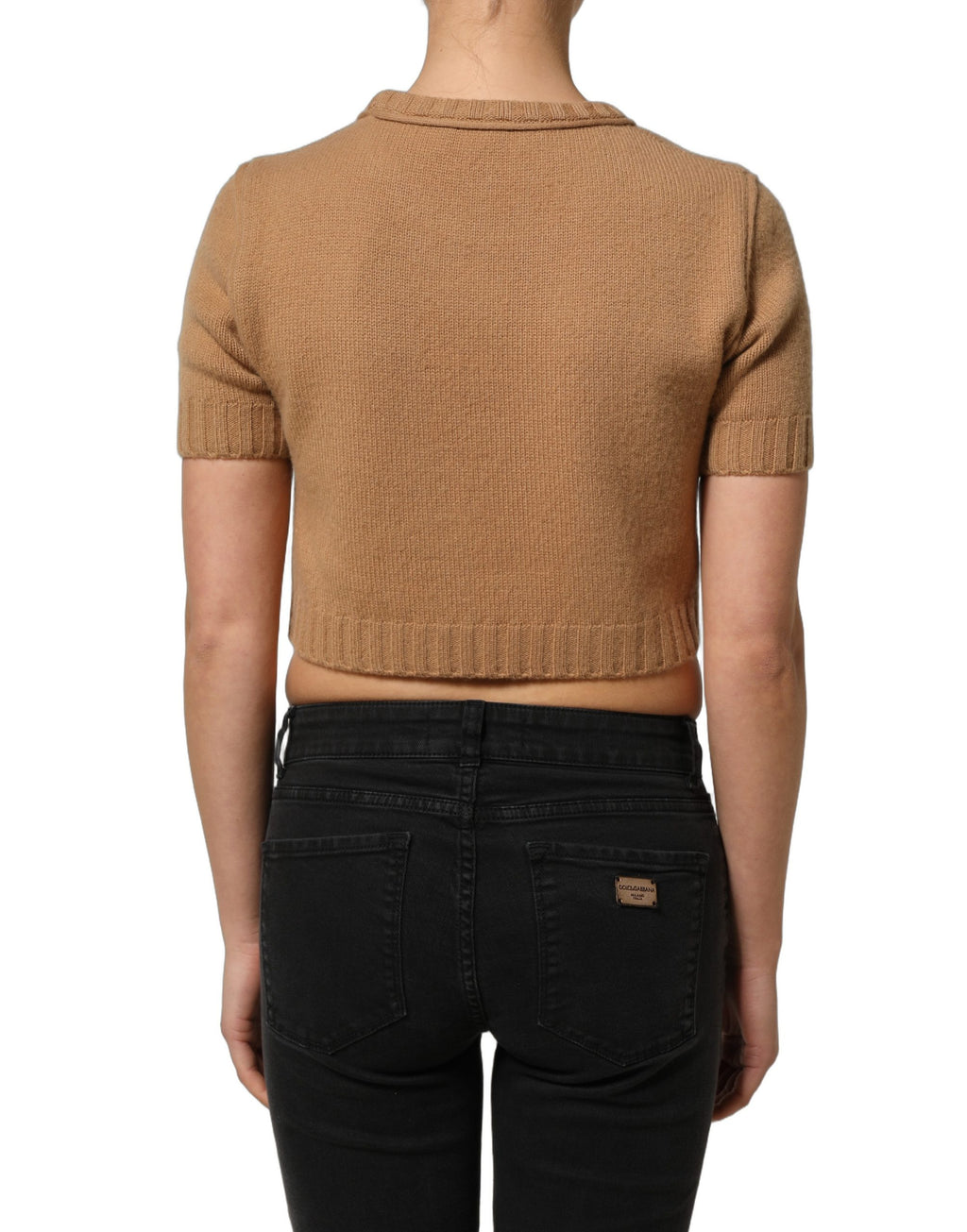 Blouse courte en laine marron Dolce & Gabbana avec manches courtes et coupe crop, élégante et sophistiquée.