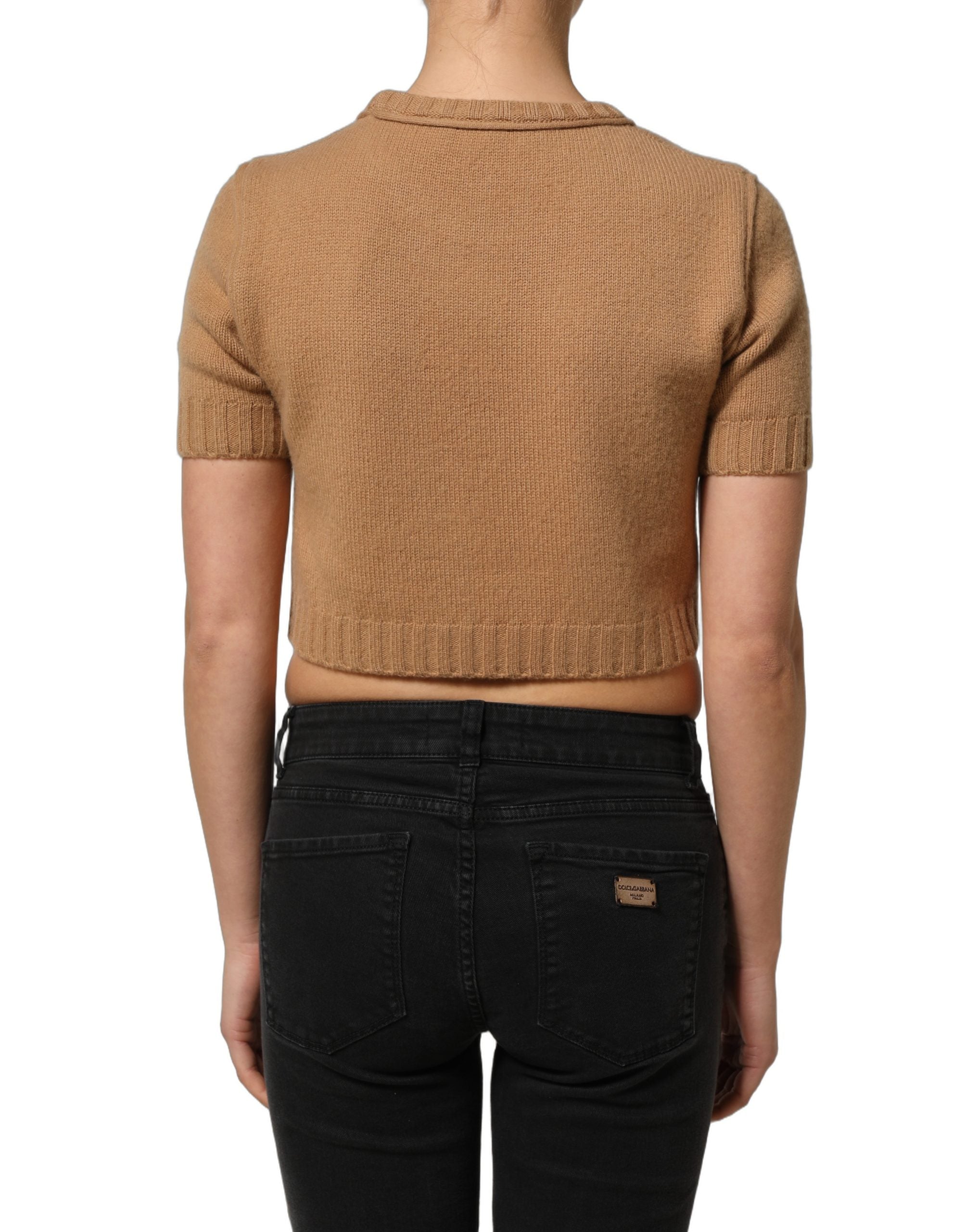 Blouse courte en laine marron Dolce & Gabbana avec manches courtes et coupe crop, élégante et sophistiquée.