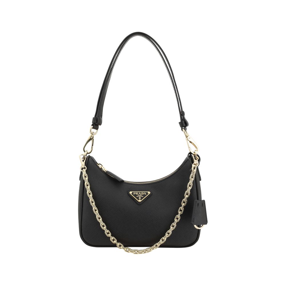 Sac à épaules Prada Bos Taurus en cuir de veau noir, design élégant et sophistiqué, visible en gros plan.