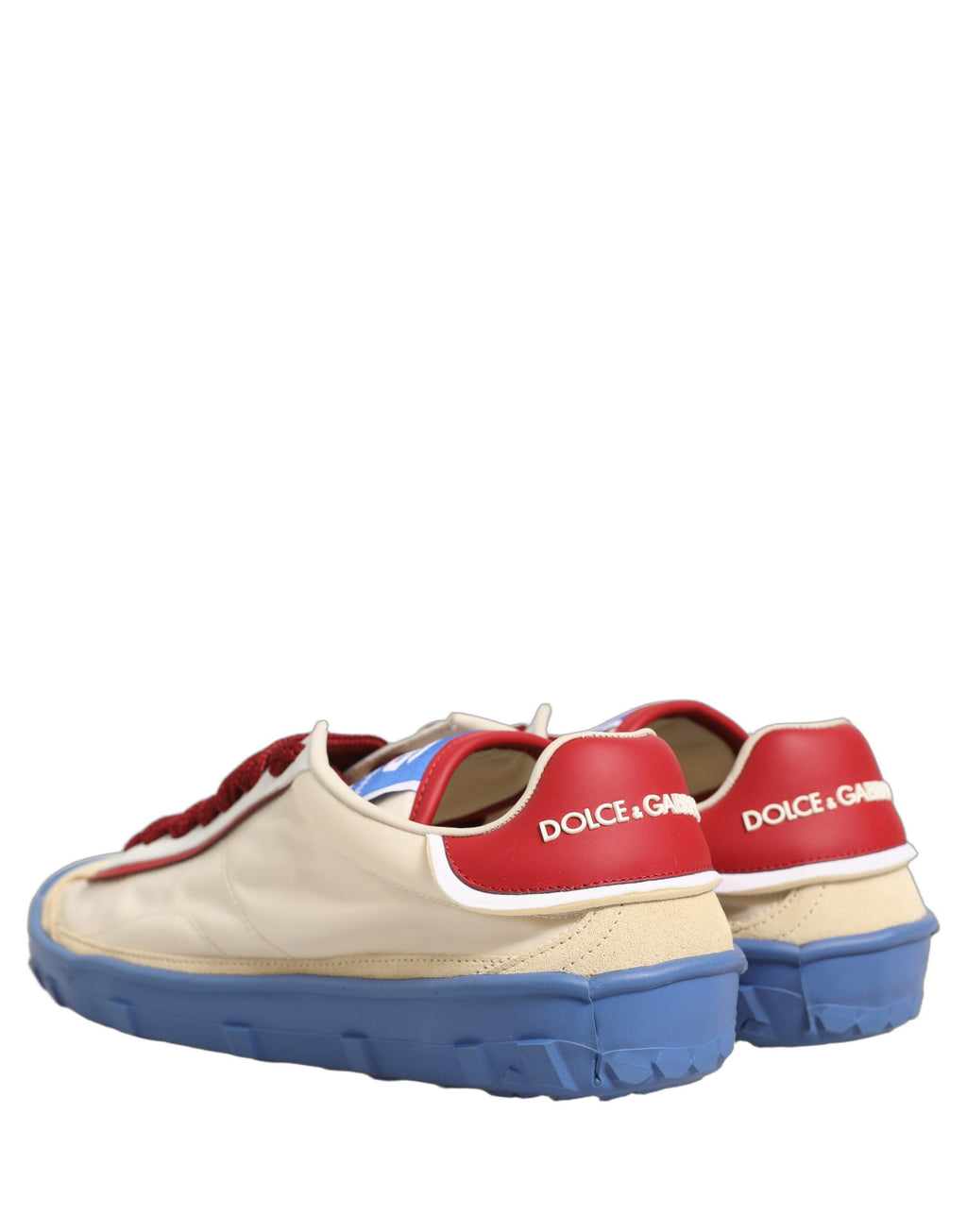 Chaussures sneakers Dolce & Gabbana Old Runner multicolores avec lacets, vue de face, tissu et semelle blanche.