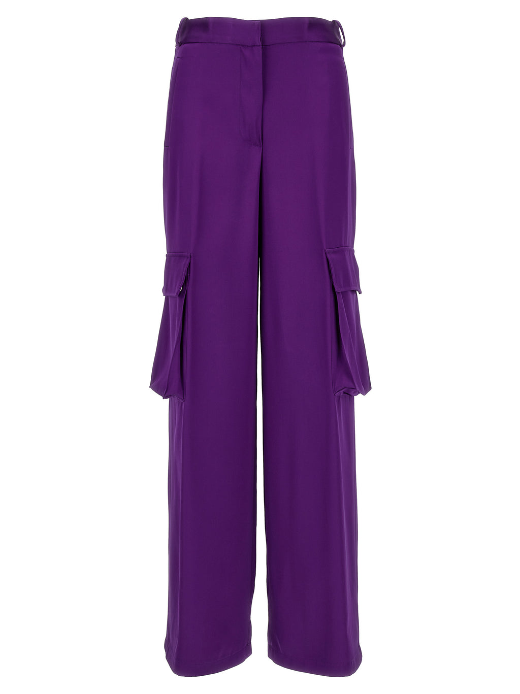 Pantalons cargo violets en viscose de la marque Versace, coupe décontractée avec poches latérales et logo visible.