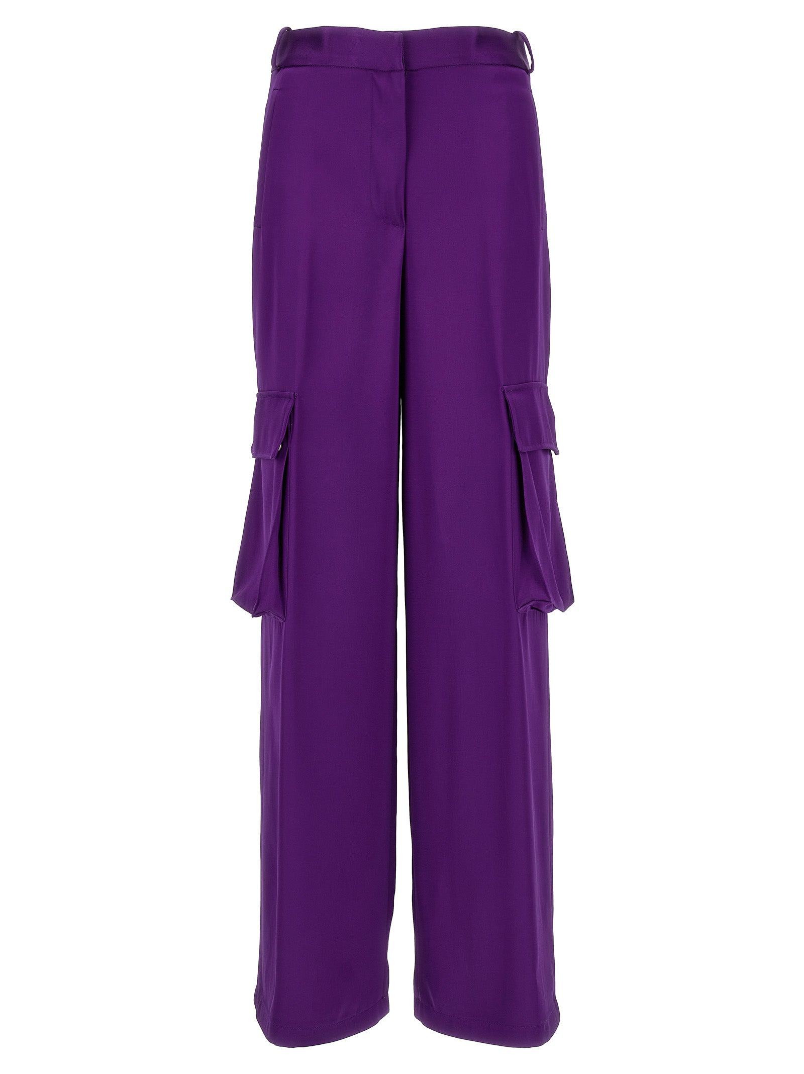 Pantalons cargo violets en viscose de la marque Versace, coupe décontractée avec poches latérales et logo visible.