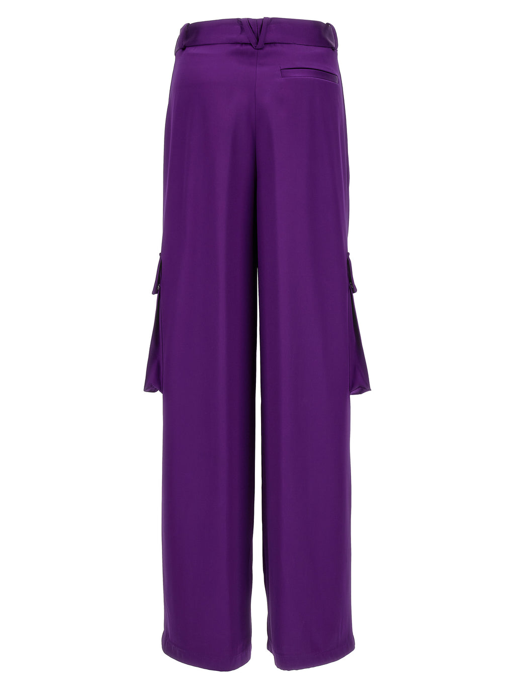 Pantalons cargo en viscose violette de la marque Versace, avec poches et détails élégants, vues en gros plan.