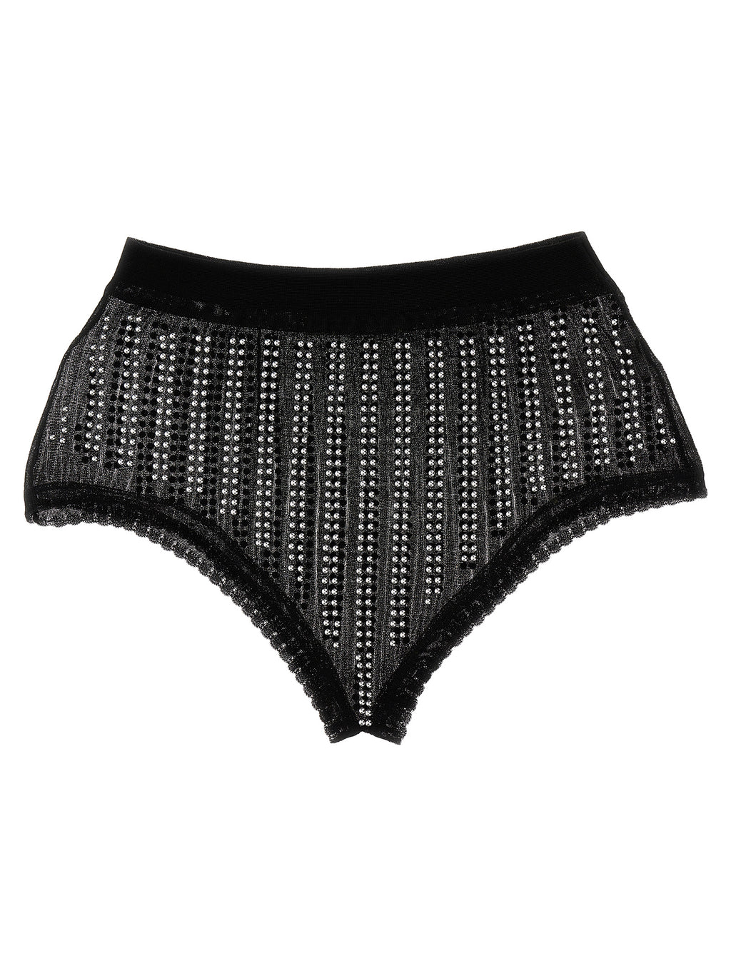 Caleçons noirs en polyamide de Paco Rabanne, coupe ajustée avec ceinture élastique, visibles sur le mannequin.