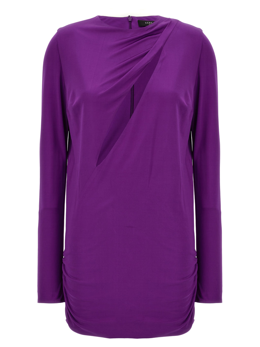 Robe courte violette en viscose de marque Versace, coupe élégante et moderne, avec détails sophistiqués visibles sur l'image.