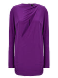 Robe courte violette en viscose de marque Versace, coupe élégante et moderne, avec détails sophistiqués visibles sur l'image.