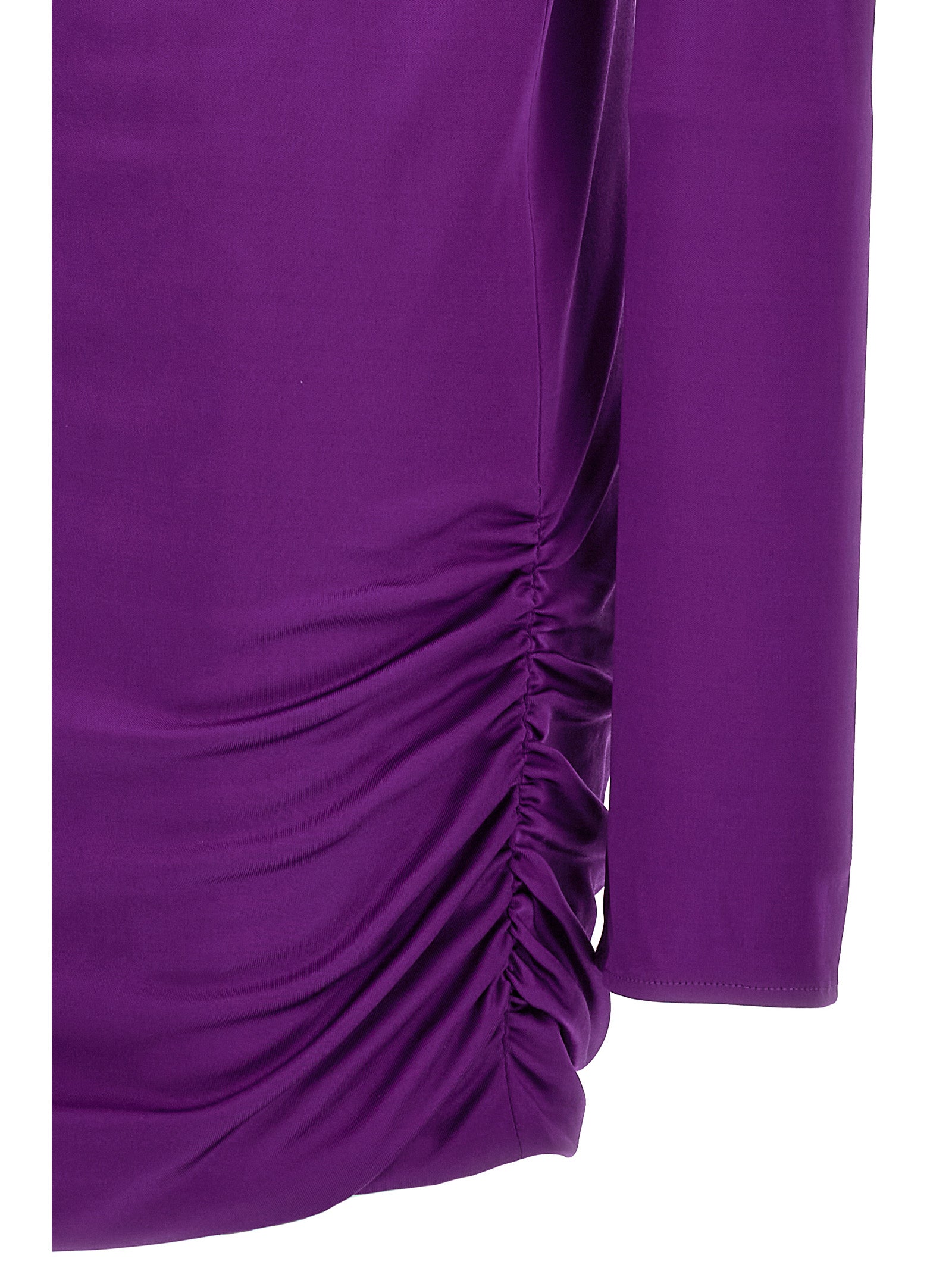 Robe courte violette en viscose de la marque Versace, coupe élégante et tissu fluide visible dans l'image.