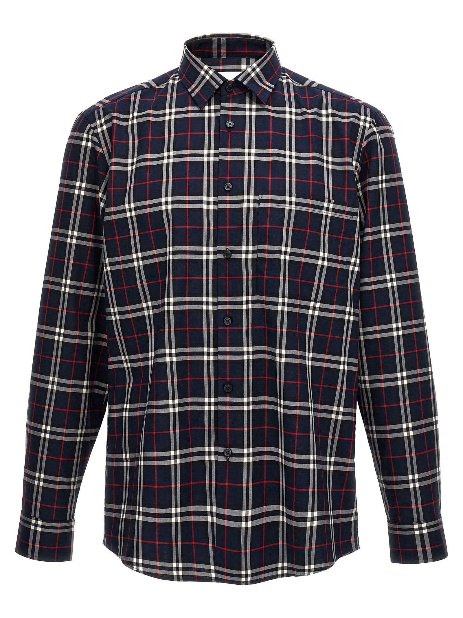 Chemise en coton bleue Burberry, style élégant, avec col classique et manches longues, visible sur l'image.