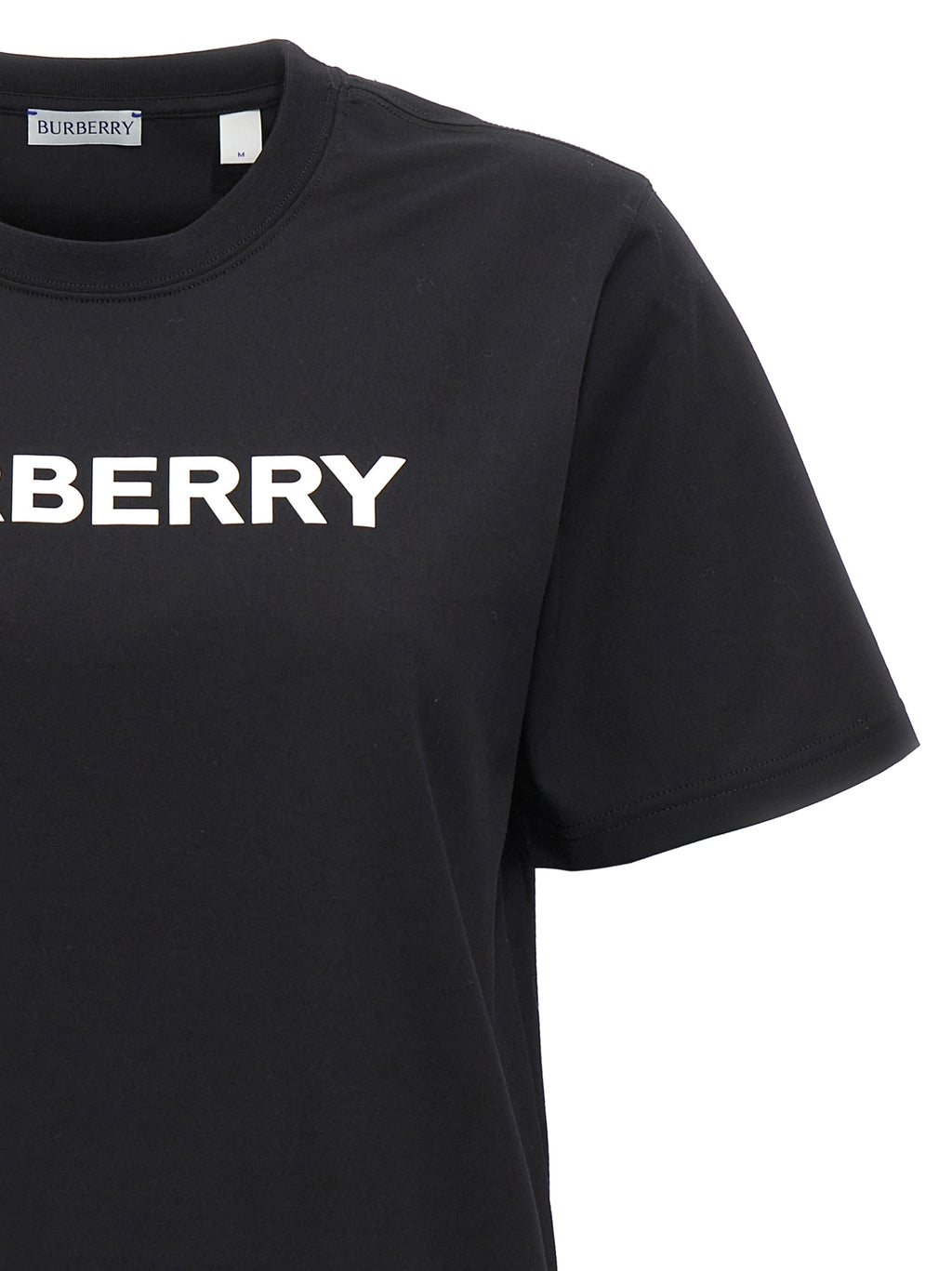 T-shirt en coton bicolore Burberry avec logo, coupe classique, porté sur mannequin, fond neutre.
