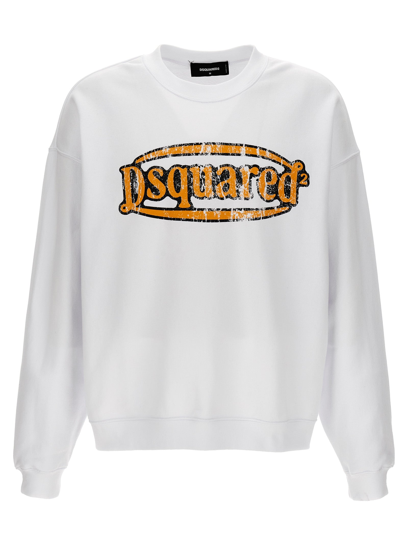 Sweat-shirt blanc en coton de la marque Dsquared², coupe décontractée et détails sobres, porté sur un mannequin.